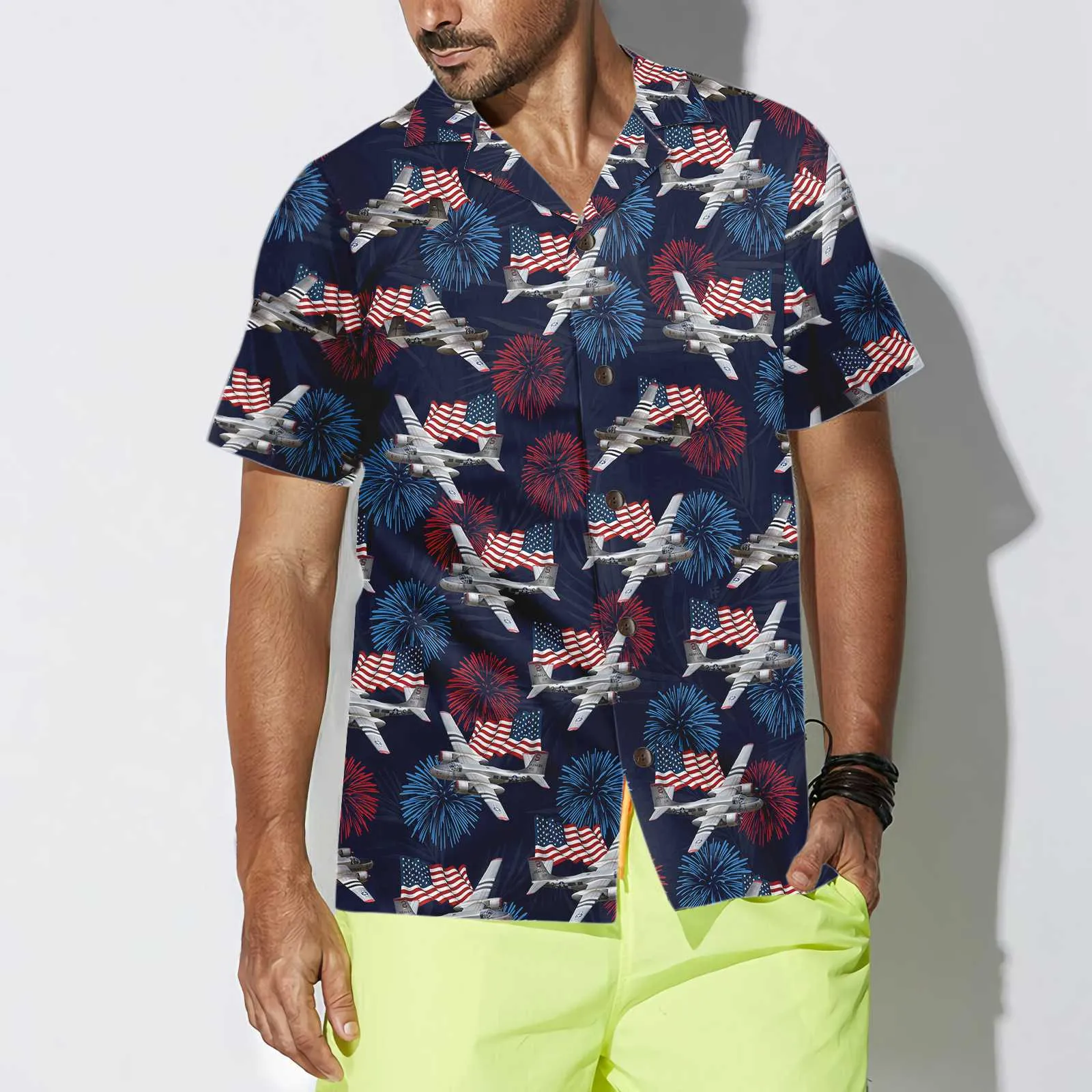 A-26 Invader Aircraft American Flag Firework Hawaiian Shirt, Military Airplane Aloha Shirt For Men, Perfect Gift For Patriots, Friends, Husband, Boyfriend, Family