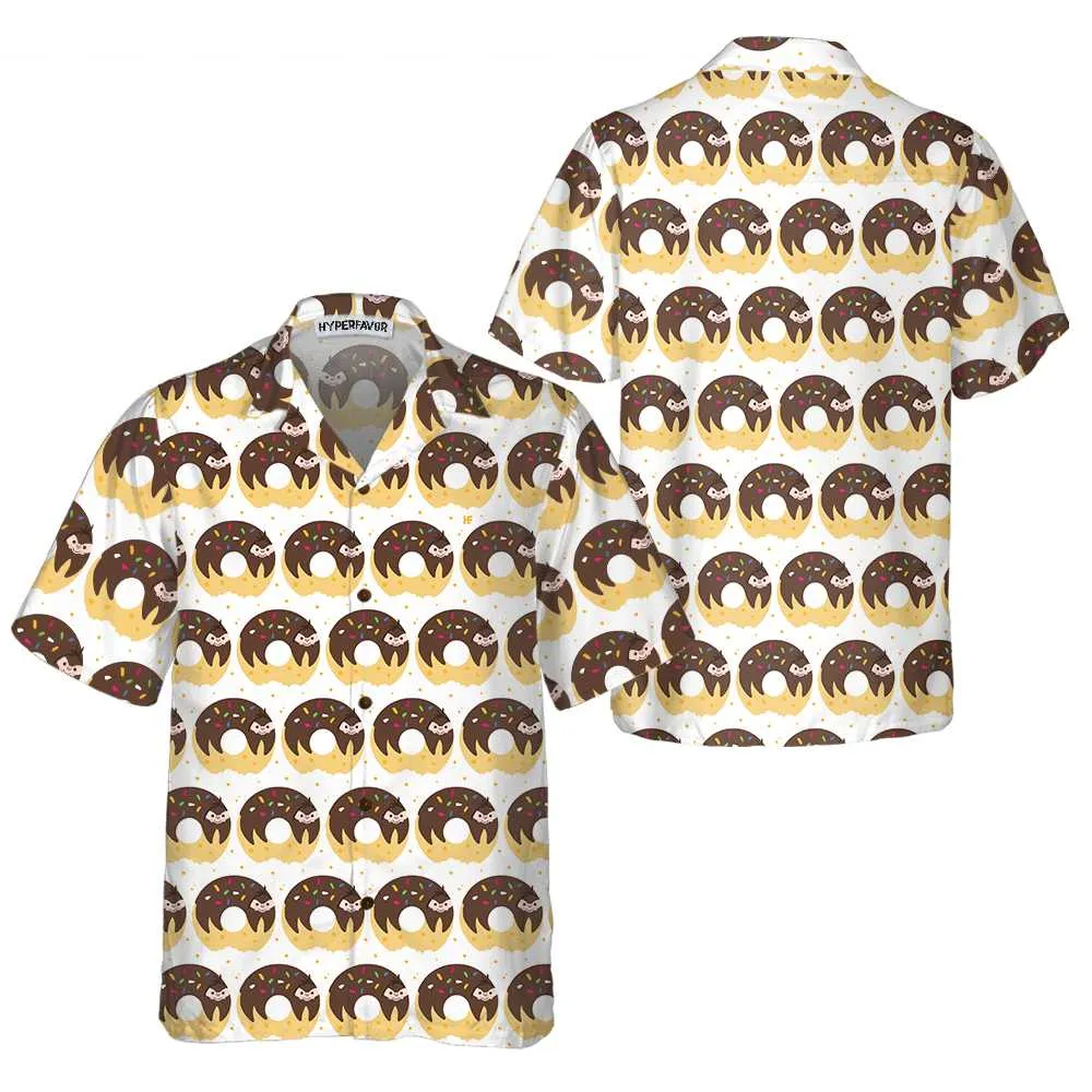 Adorable Cartoon Sloth On Donut Hawaiian Shirt, Funny Sloth Aloha Shirt For Adults, Sloth Themed Gift Idea