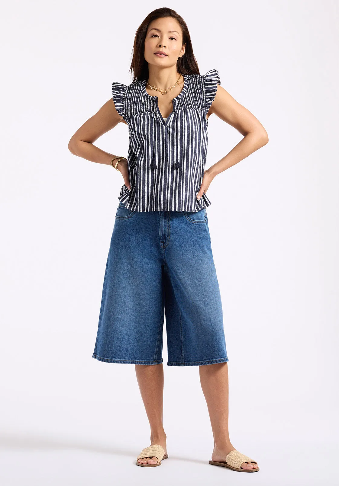 Alda Women's Vertical Stripe Sleeveless Ruffle Top with Smocked Yoke, Indigo - WT0157P