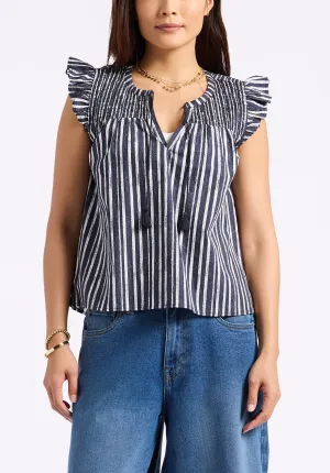 Alda Women's Vertical Stripe Sleeveless Ruffle Top with Smocked Yoke, Indigo - WT0157P
