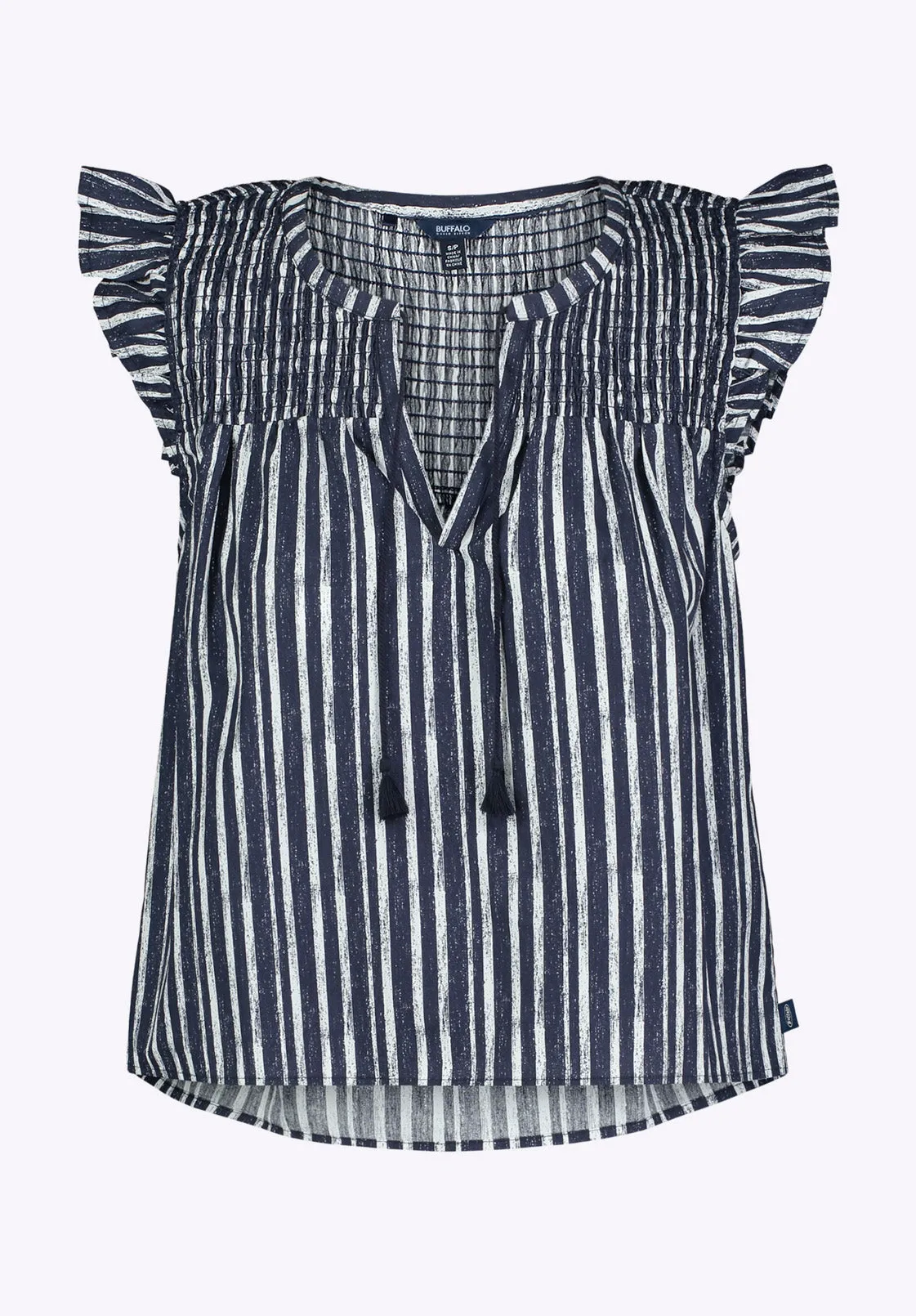 Alda Women's Vertical Stripe Sleeveless Ruffle Top with Smocked Yoke, Indigo - WT0157P
