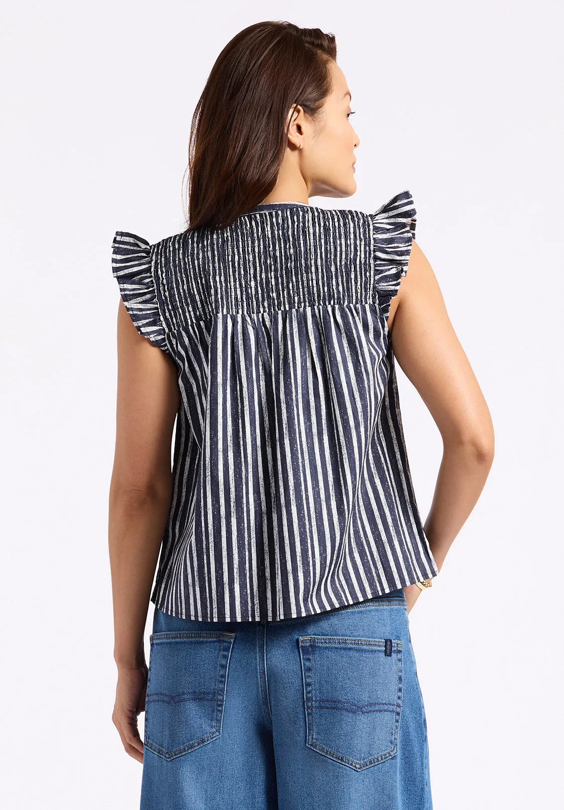 Alda Women's Vertical Stripe Sleeveless Ruffle Top with Smocked Yoke, Indigo - WT0157P