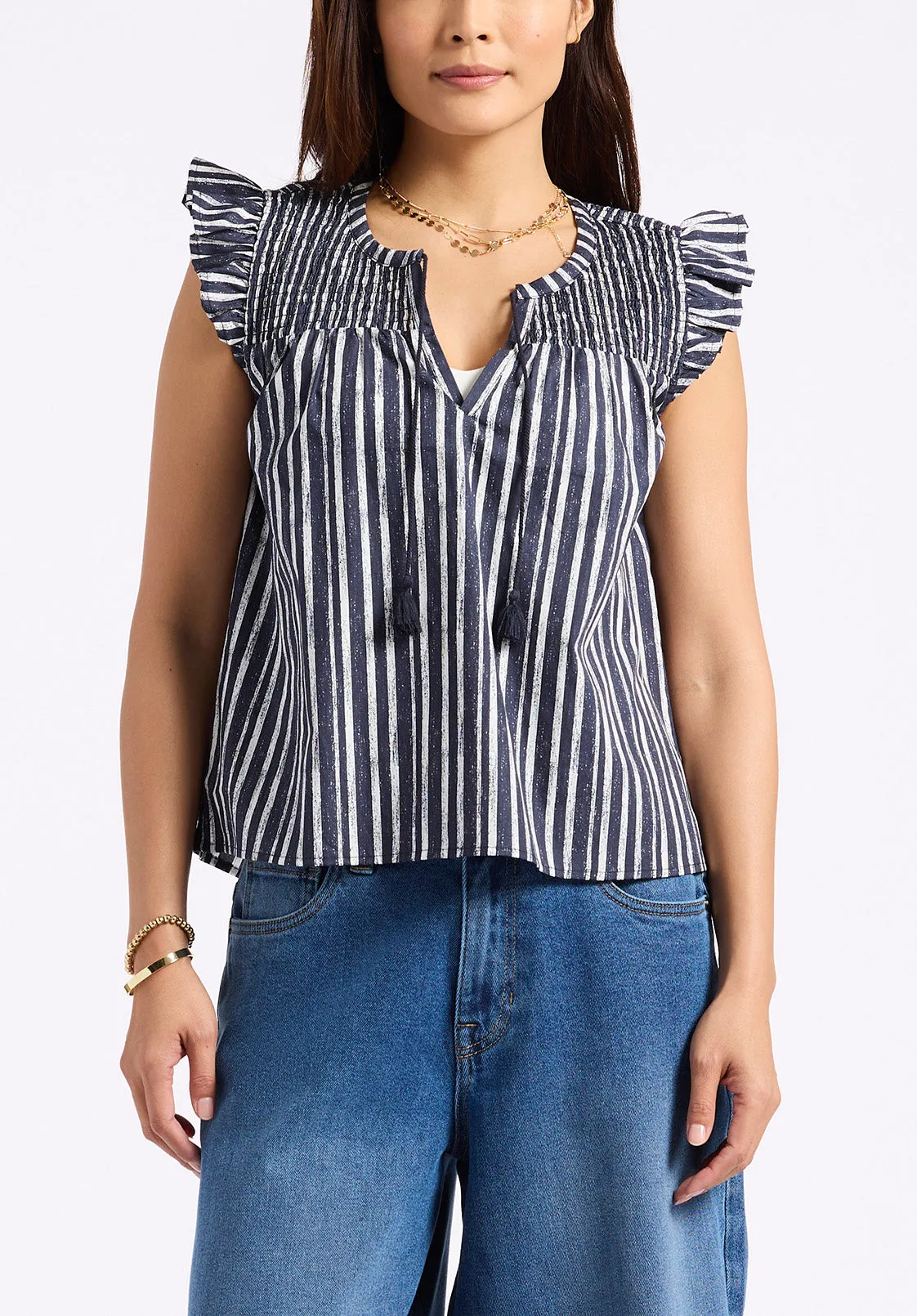 Alda Women's Vertical Stripe Sleeveless Ruffle Top with Smocked Yoke, Indigo - WT0157P