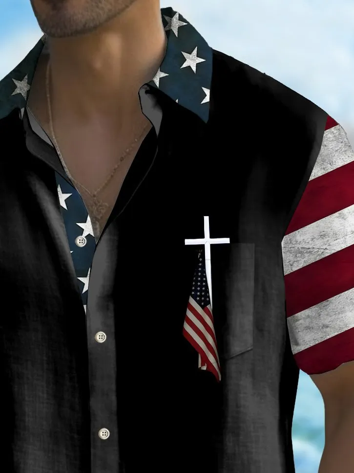 Alohadaddy Holiday Men's Independence Day Flag Cross Print Casual Breathable Short Sleeve Shirt Big Tall