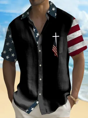 Alohadaddy Holiday Men's Independence Day Flag Cross Print Casual Breathable Short Sleeve Shirt Big Tall