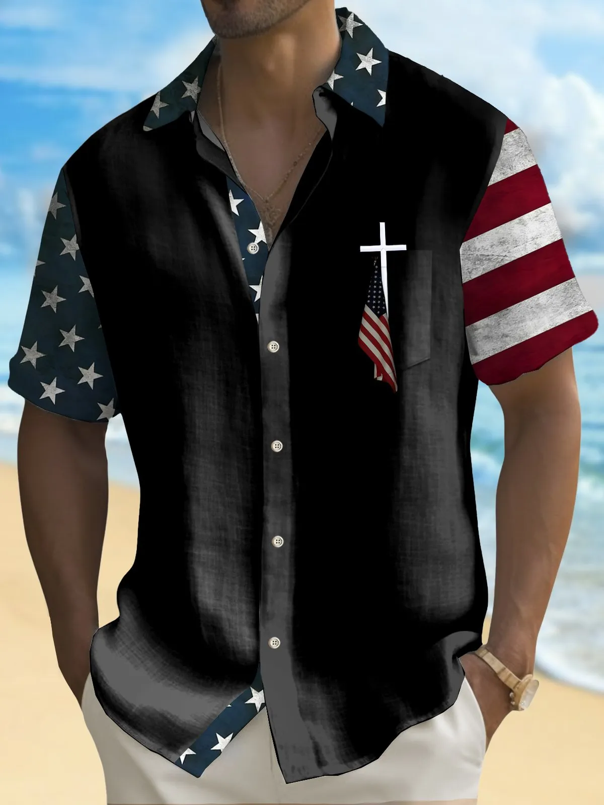 Alohadaddy Holiday Men's Independence Day Flag Cross Print Casual Breathable Short Sleeve Shirt Big Tall