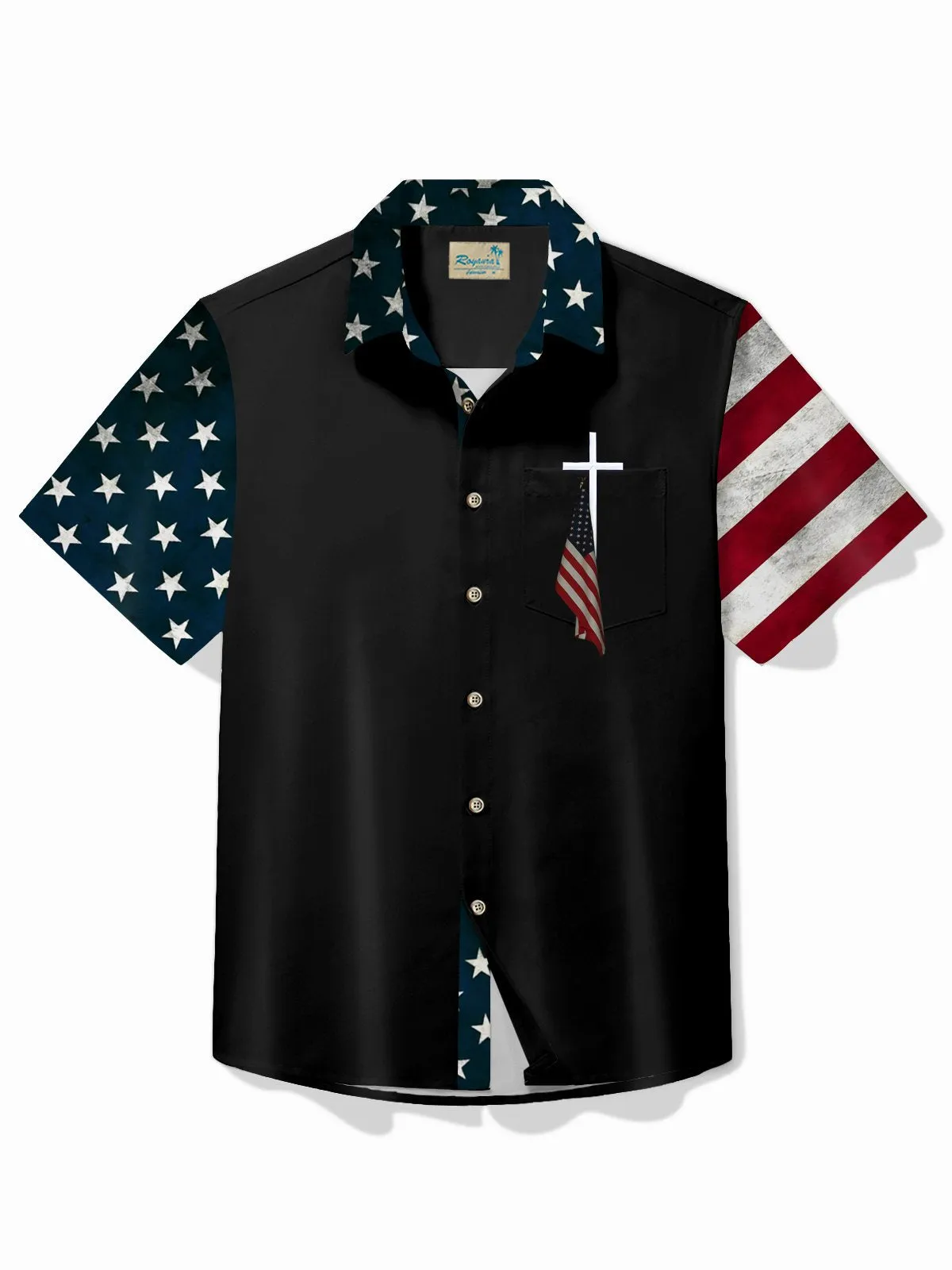 Alohadaddy Holiday Men's Independence Day Flag Cross Print Casual Breathable Short Sleeve Shirt Big Tall