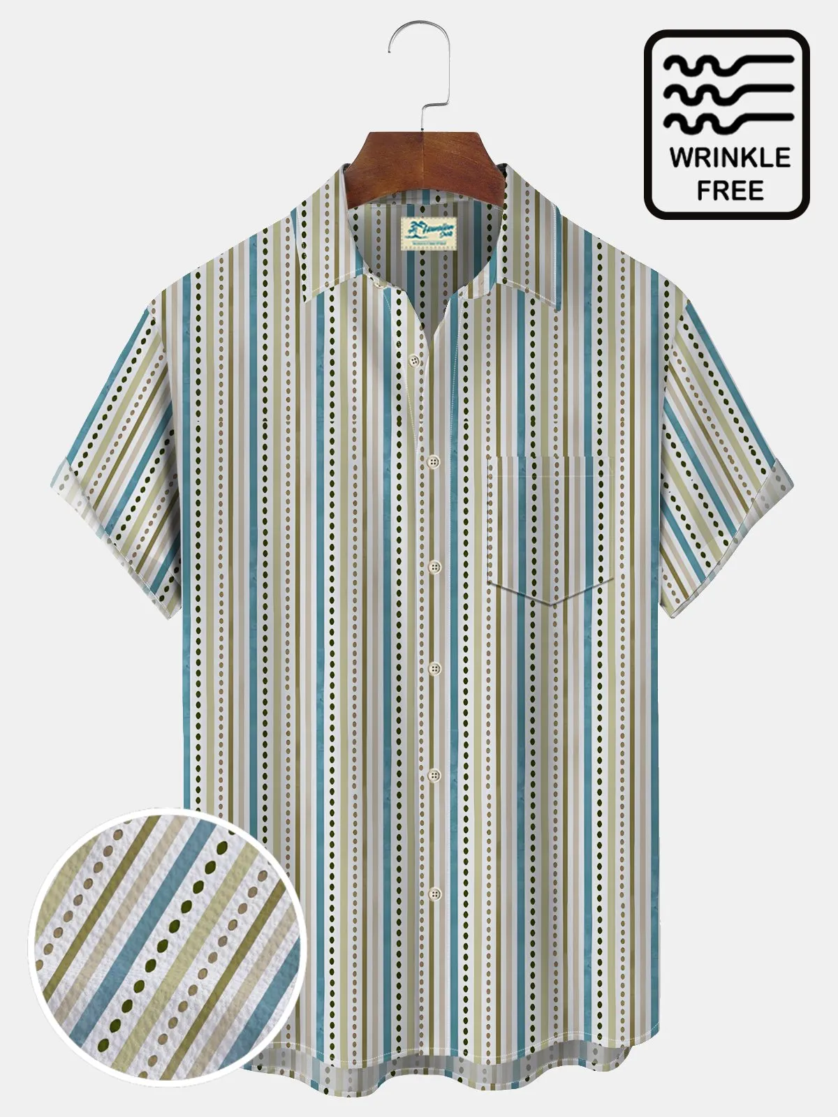 Alohadaddy Vintage Men's Striped Shirt Artistic Wrinkle Free Seersucker Aloha Camp Pocket Shirts
