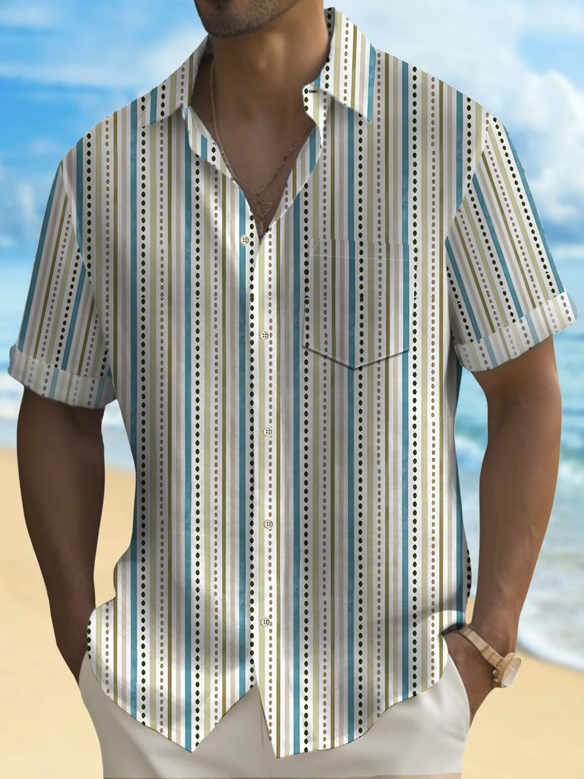 Alohadaddy Vintage Men's Striped Shirt Artistic Wrinkle Free Seersucker Aloha Camp Pocket Shirts