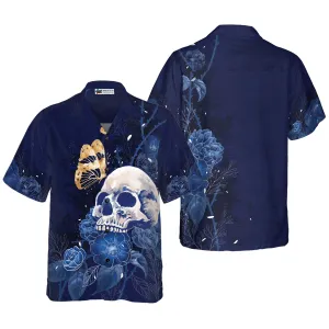 Artistic Gothic Skull with Butterfly Hawaiian Shirt For Men, Blue Peony Flowers Goth Hawaiian Shirt