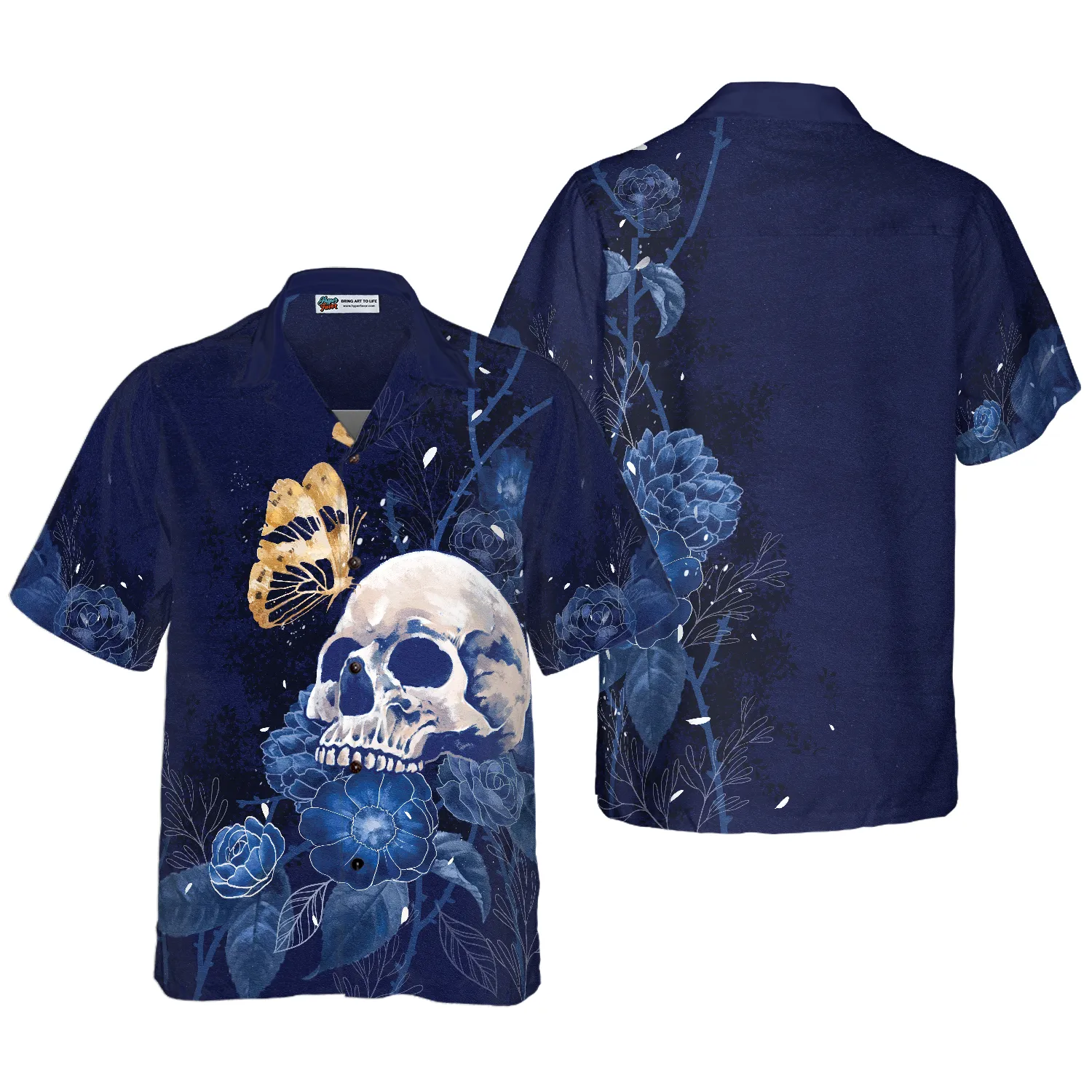 Artistic Gothic Skull with Butterfly Hawaiian Shirt For Men, Blue Peony Flowers Goth Hawaiian Shirt