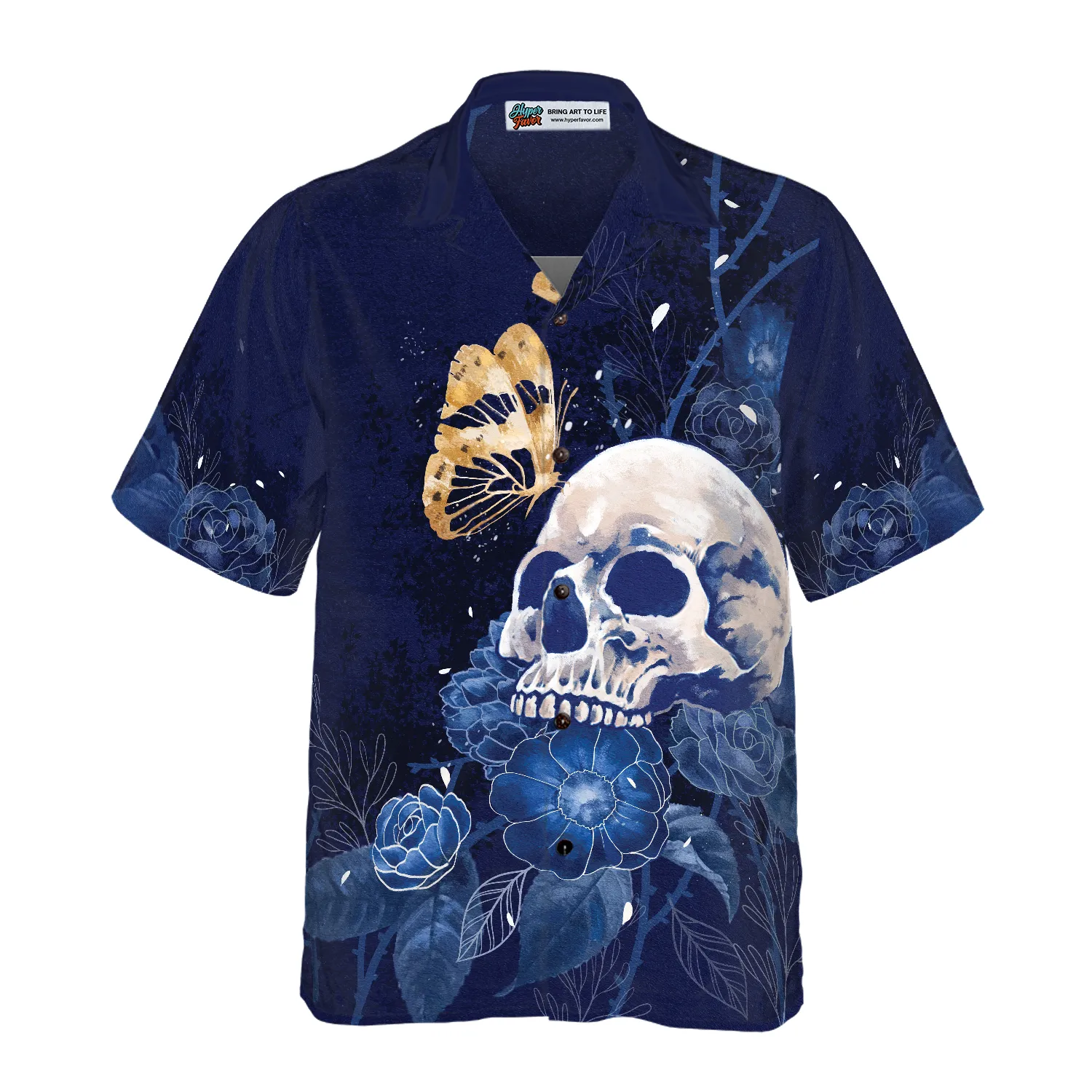 Artistic Gothic Skull with Butterfly Hawaiian Shirt For Men, Blue Peony Flowers Goth Hawaiian Shirt