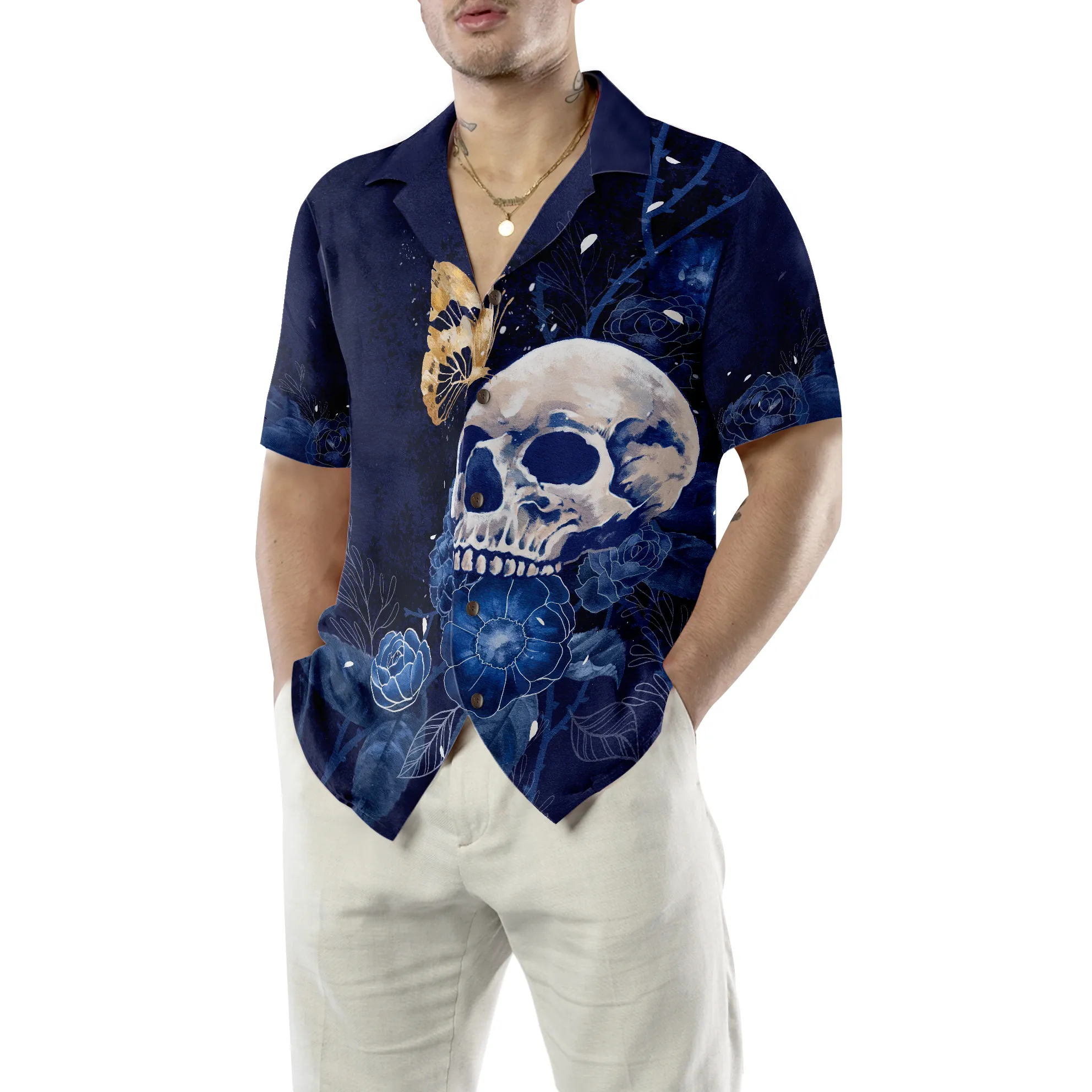 Artistic Gothic Skull with Butterfly Hawaiian Shirt For Men, Blue Peony Flowers Goth Hawaiian Shirt