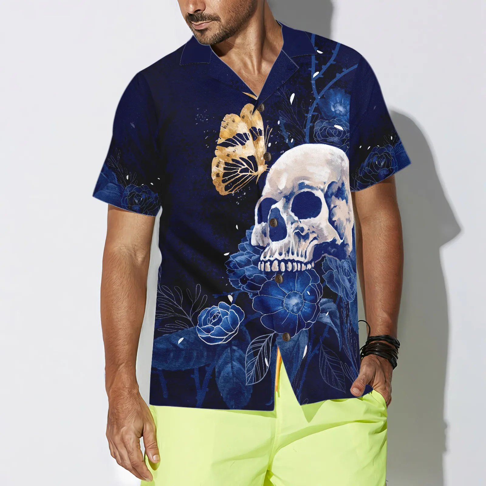 Artistic Gothic Skull with Butterfly Hawaiian Shirt For Men, Blue Peony Flowers Goth Hawaiian Shirt