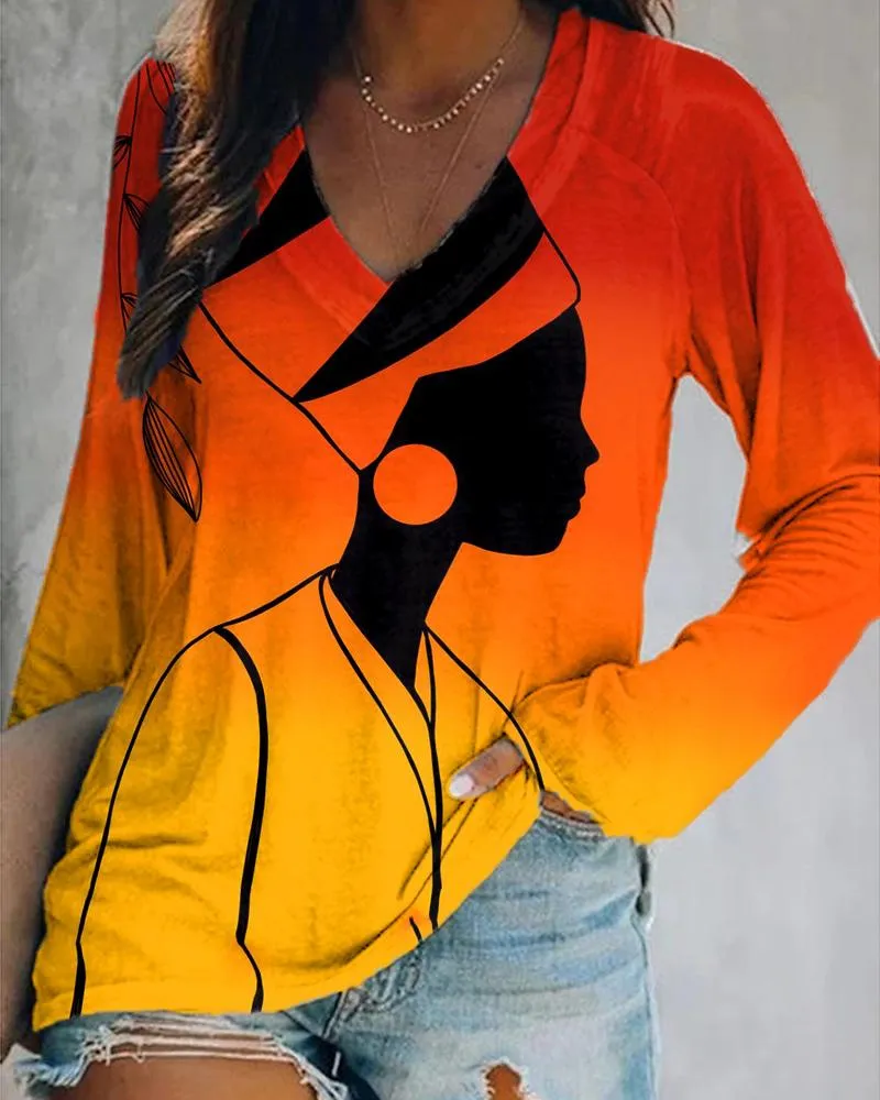 Artistic gradient black print V-neck long-sleeved top