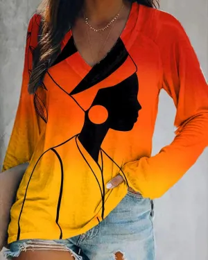 Artistic gradient black print V-neck long-sleeved top