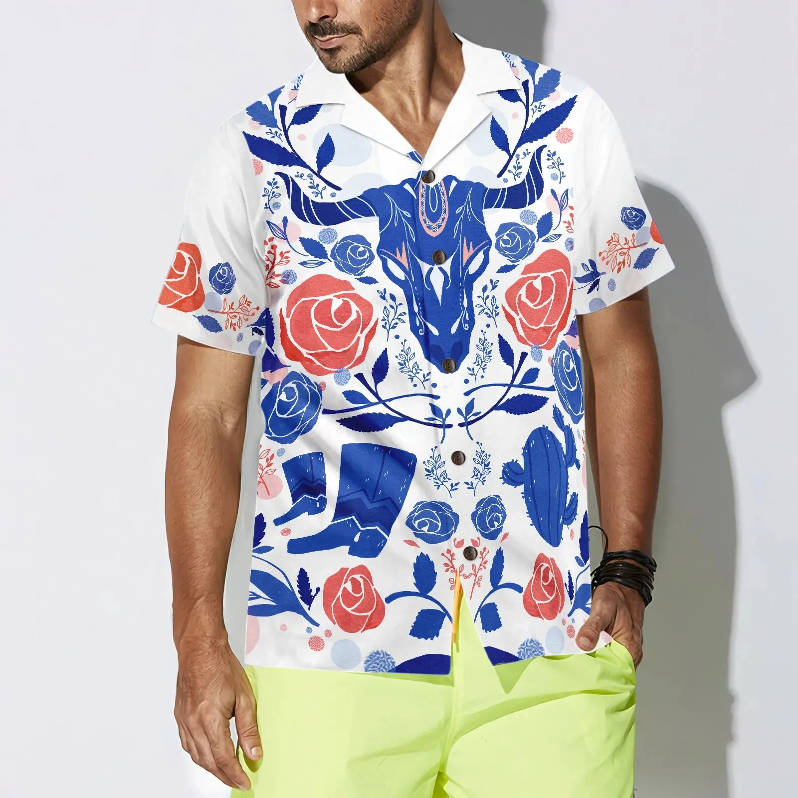 Artistic Longhorn Skull Texas Hawaiian Shirt For Men, White Blue Aloha Shirt For Texans, Texas Lovers