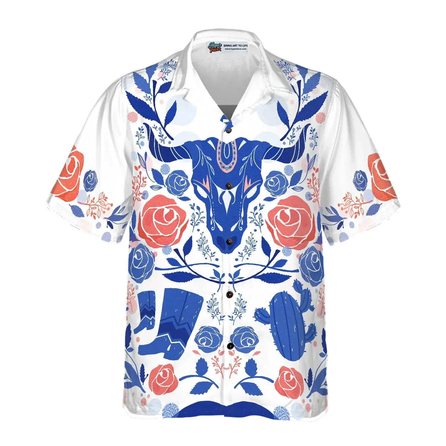 Artistic Longhorn Skull Texas Hawaiian Shirt For Men, White Blue Aloha Shirt For Texans, Texas Lovers