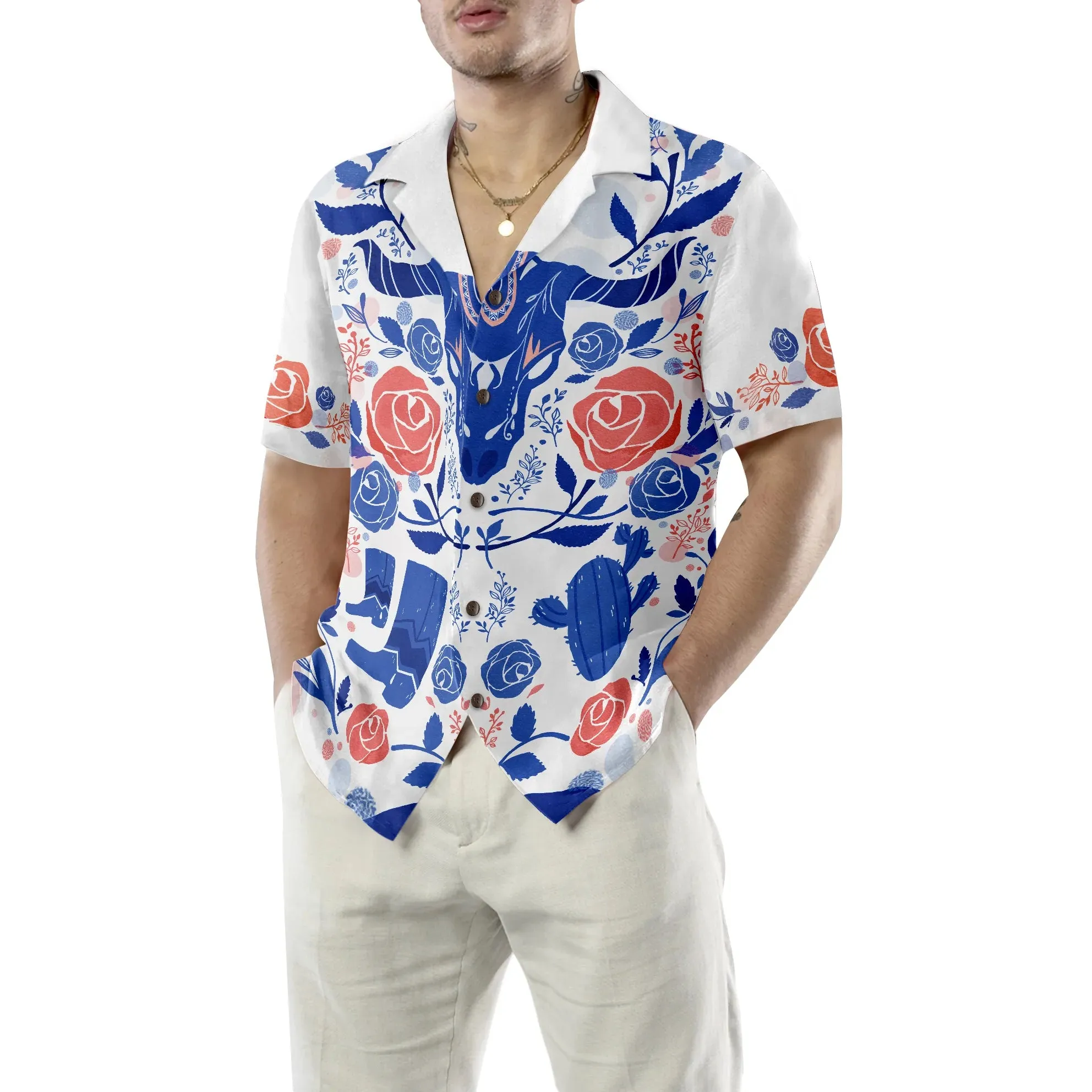 Artistic Longhorn Skull Texas Hawaiian Shirt For Men, White Blue Aloha Shirt For Texans, Texas Lovers