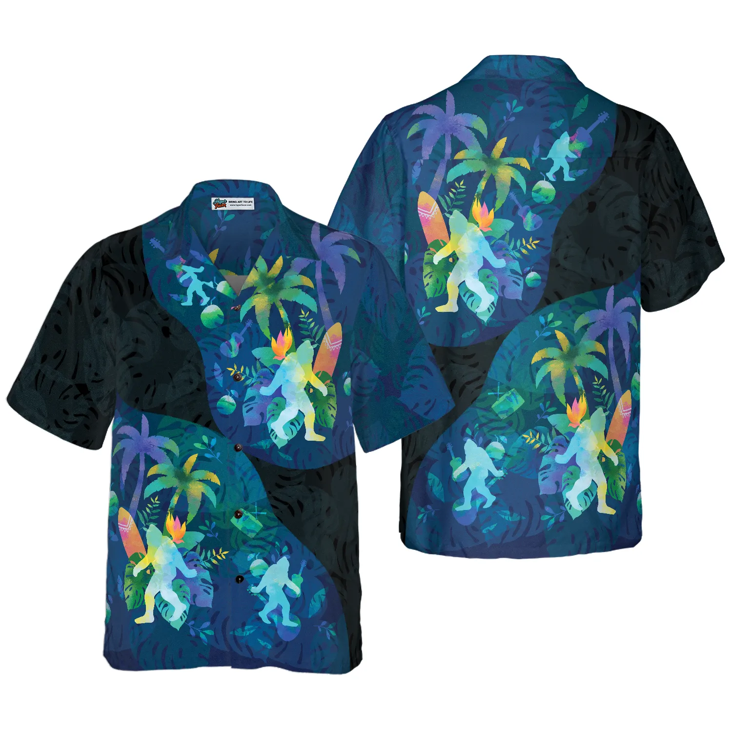 Artistic Summer Bigfoot Hawaiian Shirts for Men, Black and Blue Sasquatch Shirts