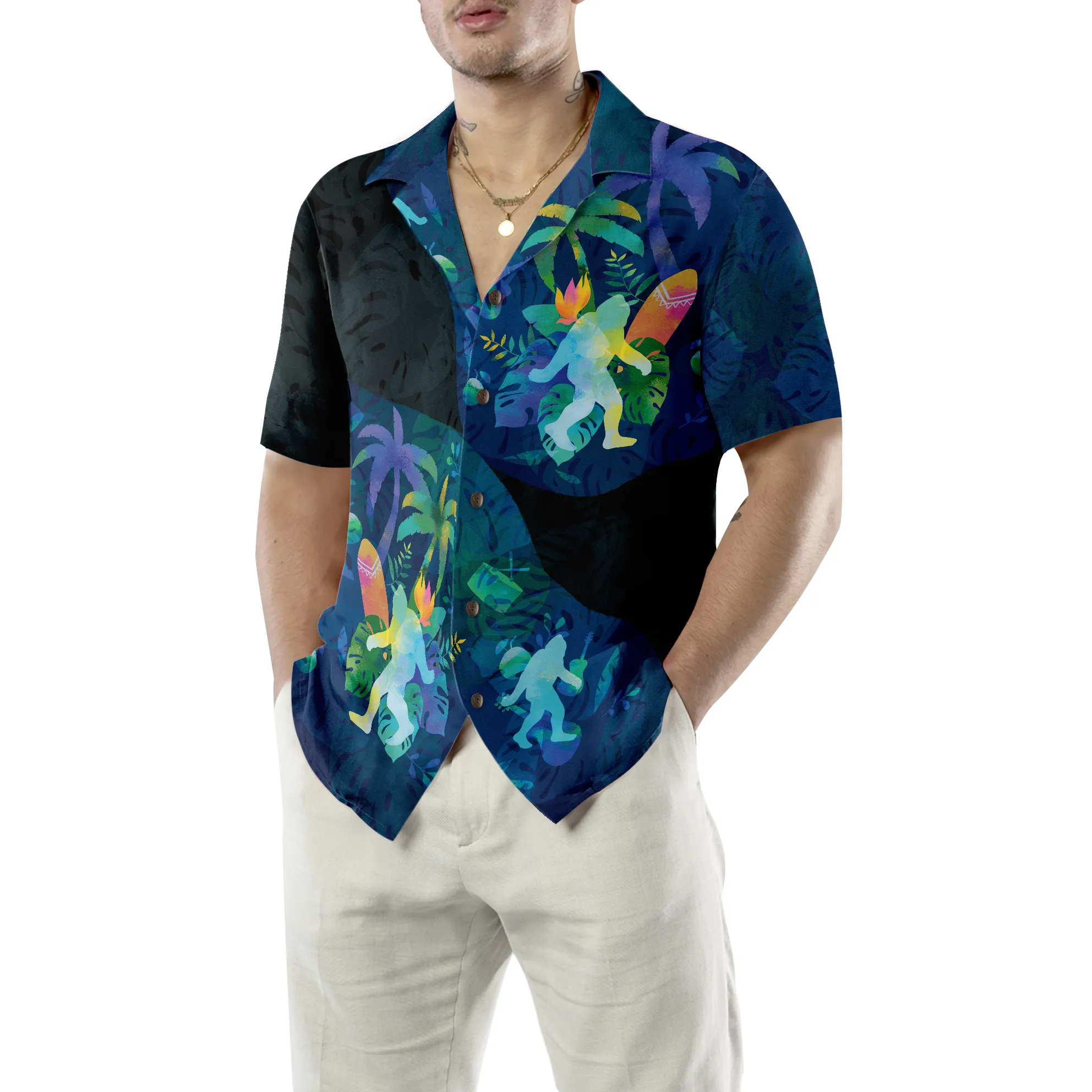 Artistic Summer Bigfoot Hawaiian Shirts for Men, Black and Blue Sasquatch Shirts