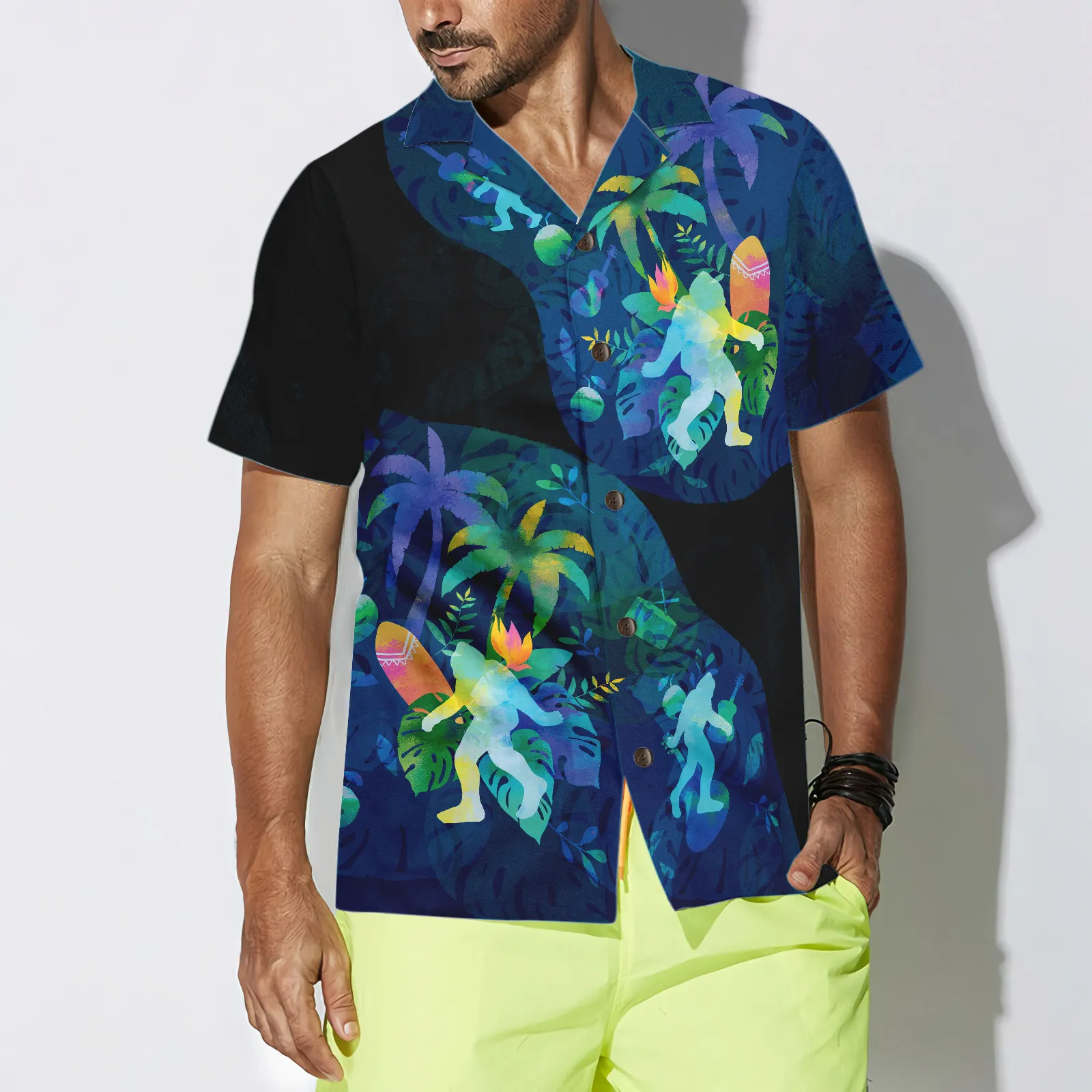 Artistic Summer Bigfoot Hawaiian Shirts for Men, Black and Blue Sasquatch Shirts