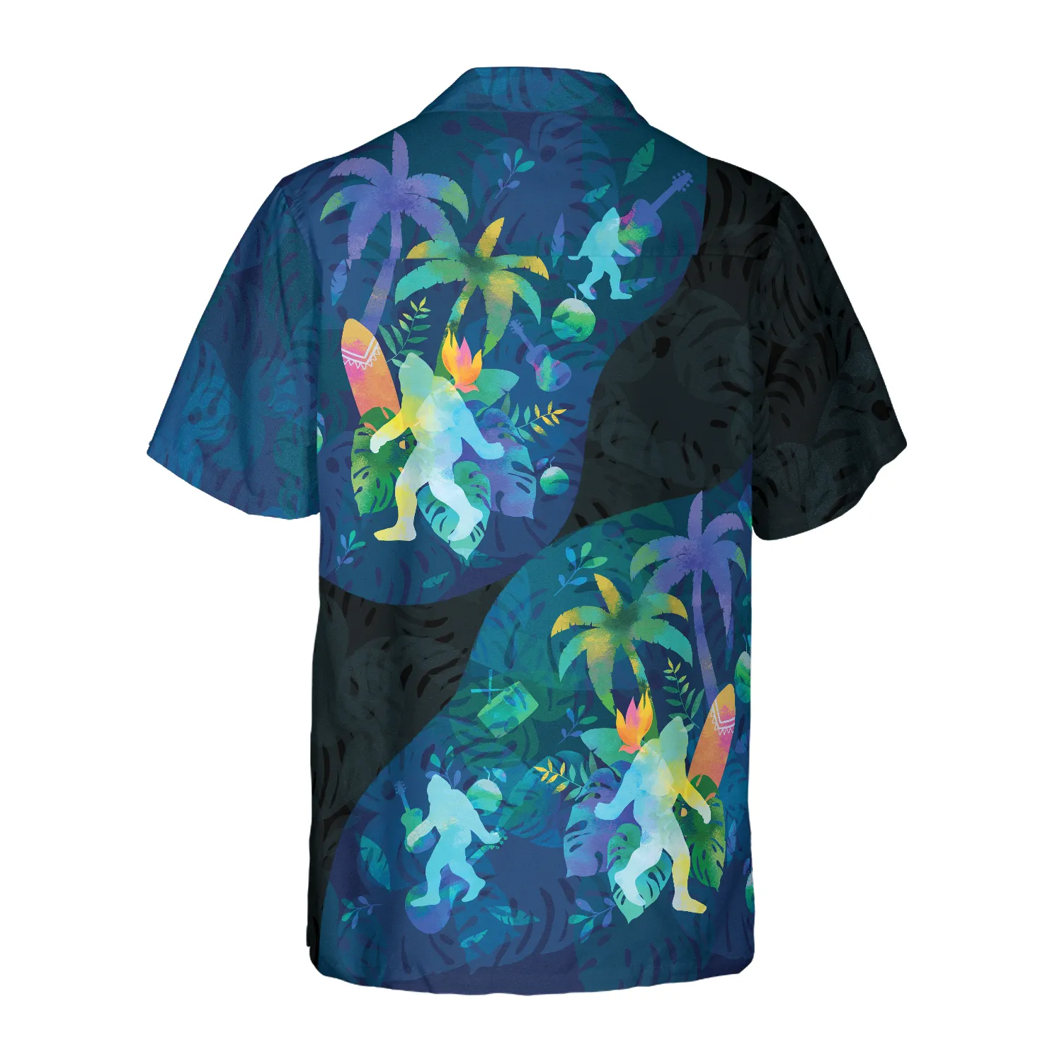 Artistic Summer Bigfoot Hawaiian Shirts for Men, Black and Blue Sasquatch Shirts