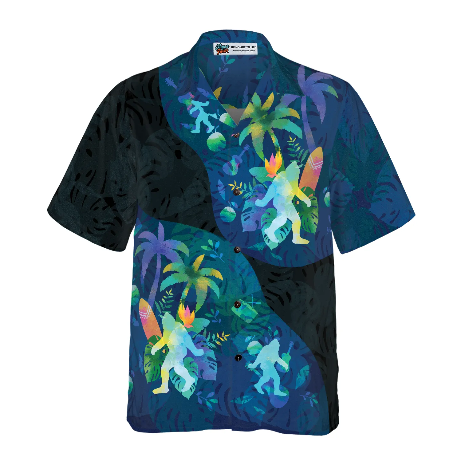 Artistic Summer Bigfoot Hawaiian Shirts for Men, Black and Blue Sasquatch Shirts
