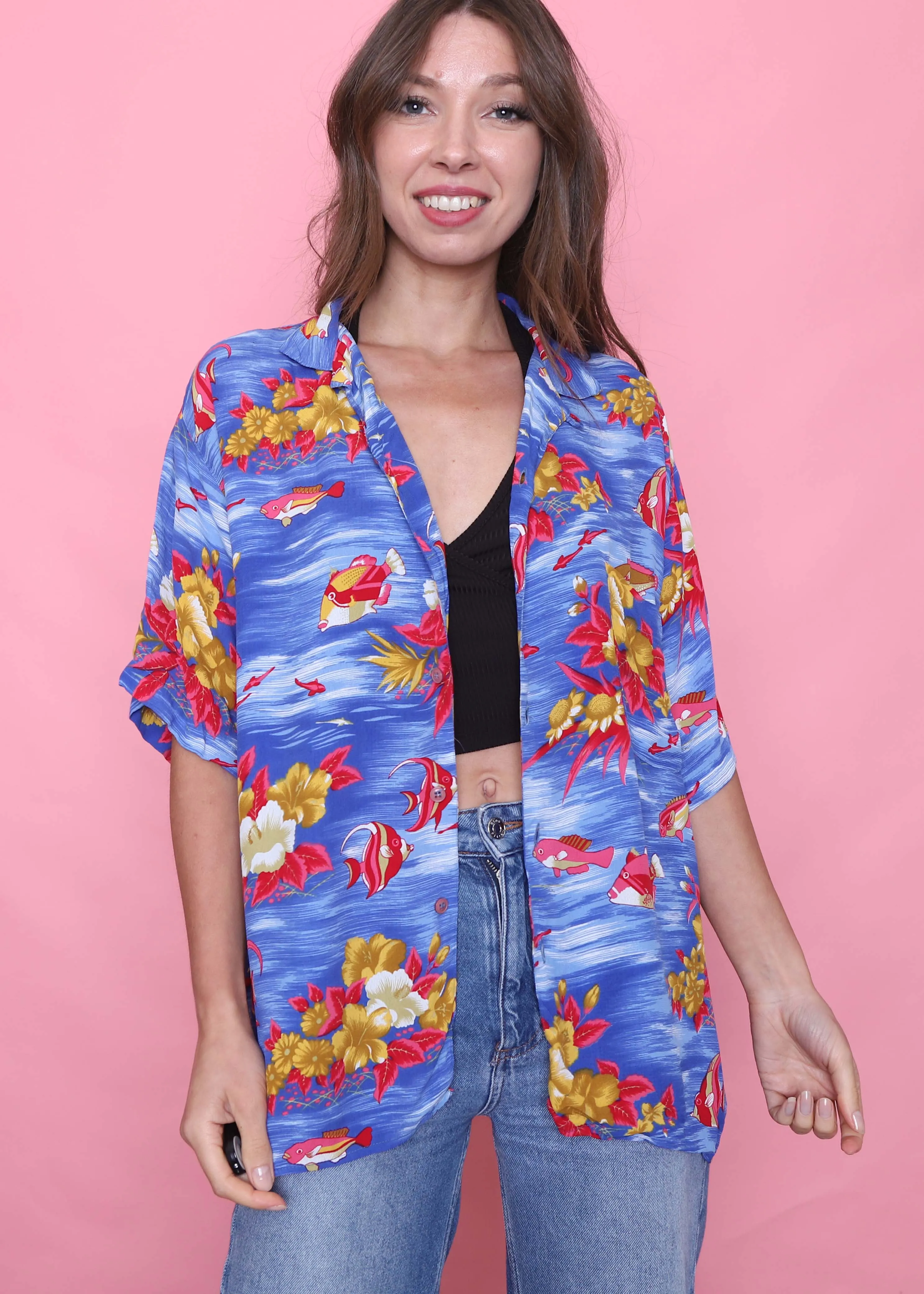 Benetton Vintage Tropical Patterned Short Sleeve Shirt