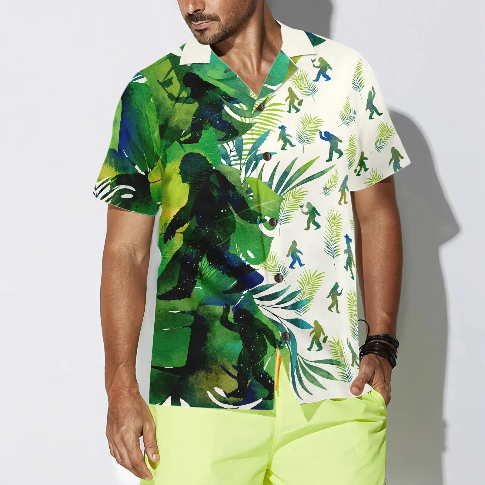Bigfoot Silhouettes in Tropical Hawaiian Shirts for Men, Green Sasquatch Shirts, Bigfoot Tropical Summer Aloha Shirt For Men, Perfect Gift For Summer Tropical Lovers, Friends, Husband, Boyfriend, Family
