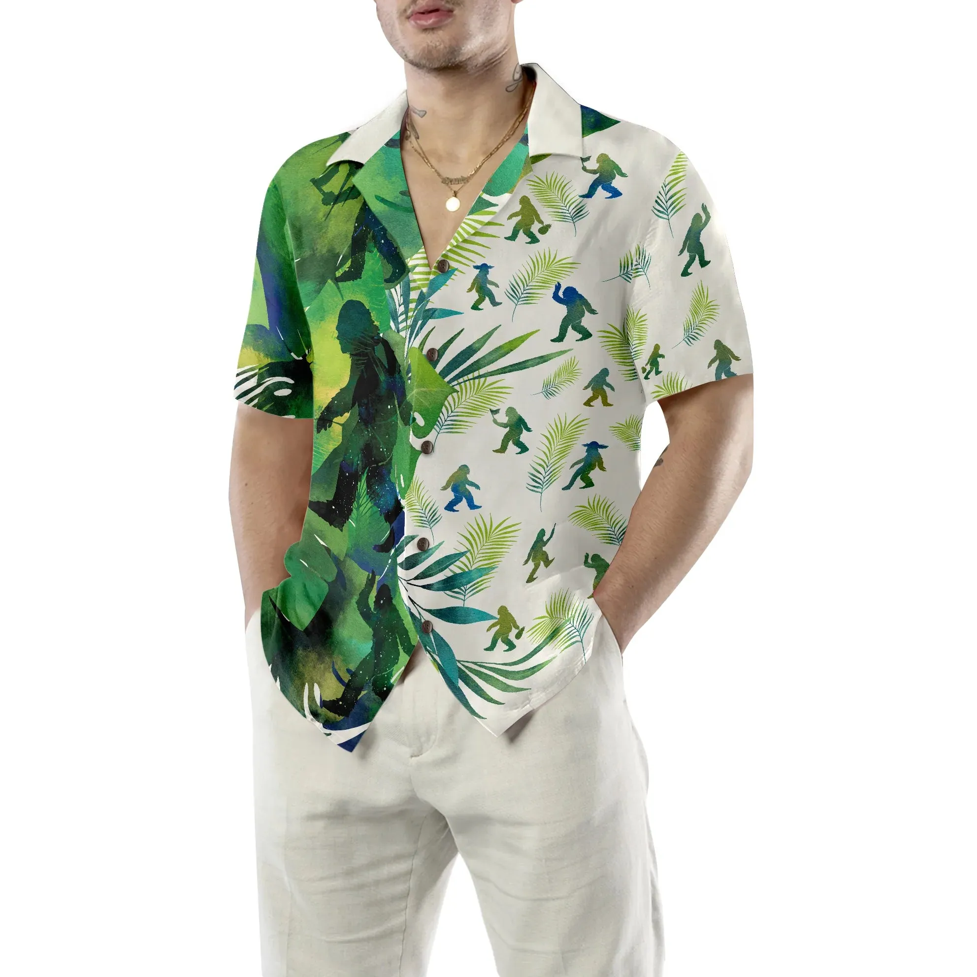 Bigfoot Silhouettes in Tropical Hawaiian Shirts for Men, Green Sasquatch Shirts, Bigfoot Tropical Summer Aloha Shirt For Men, Perfect Gift For Summer Tropical Lovers, Friends, Husband, Boyfriend, Family