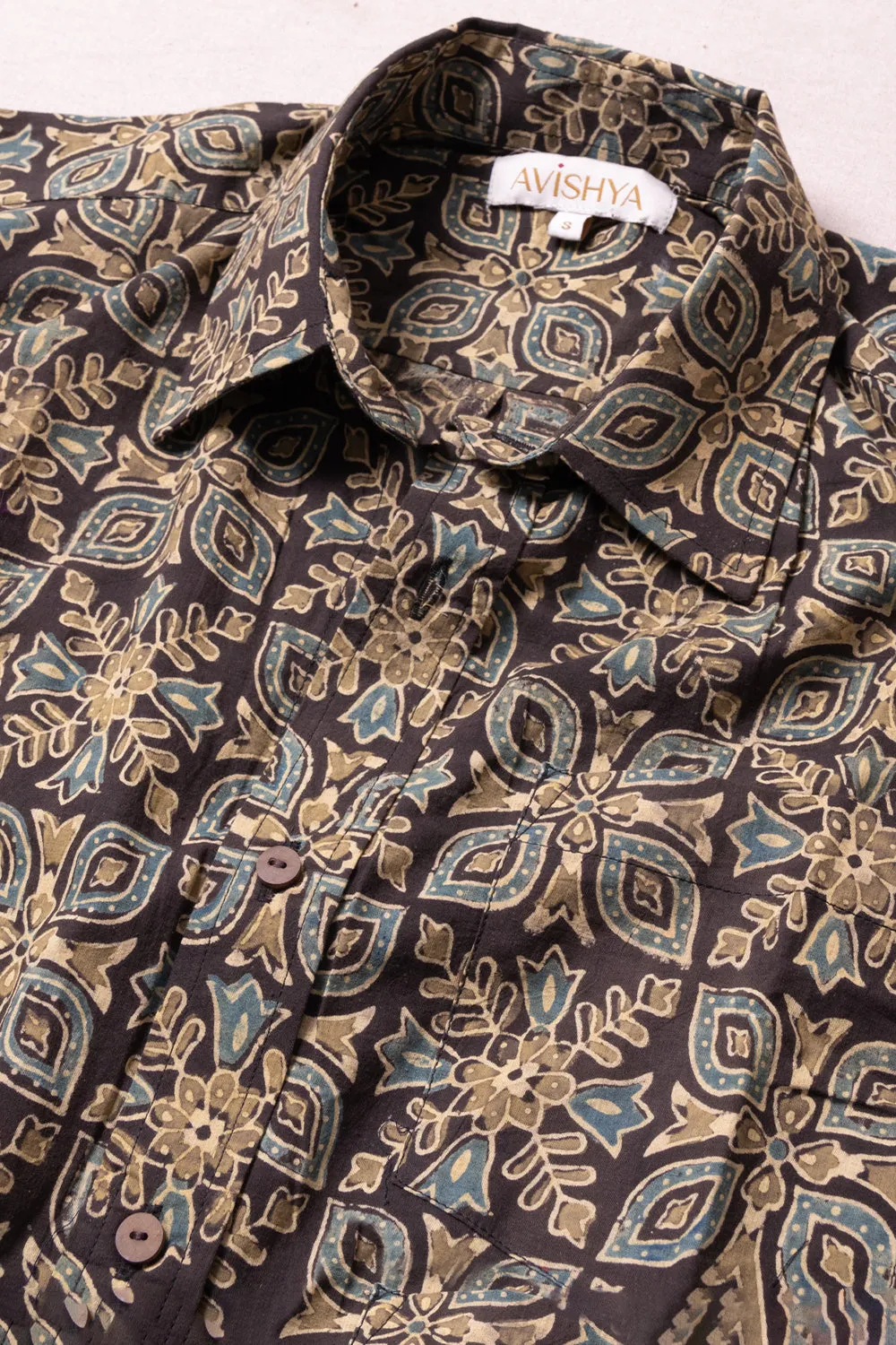 Black Half Sleeve Ajrakh Printed Cotton Mens Shirt 10071085