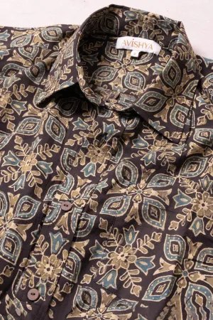 Black Half Sleeve Ajrakh Printed Cotton Mens Shirt 10071085