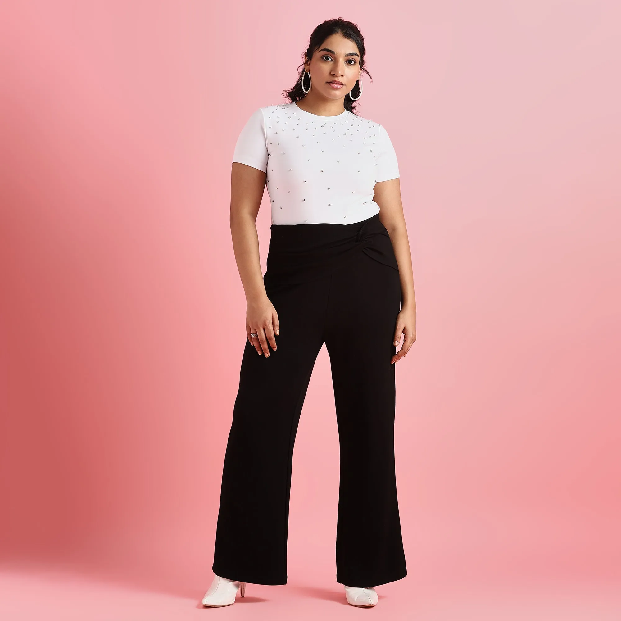 Black Knot Detail Plus Size Scuba Flare Pants