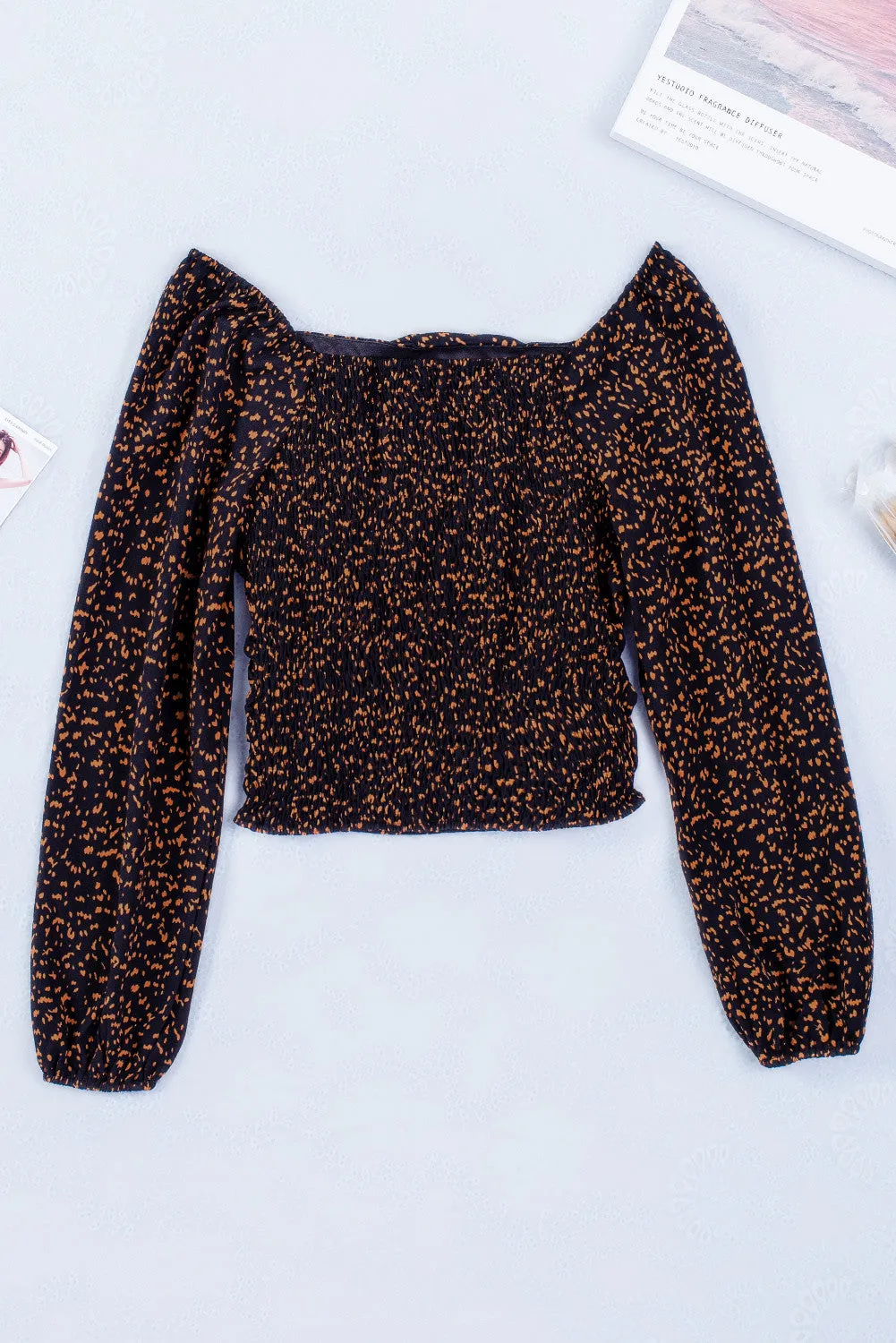 Black Wild Moss Spots Ruched Sheer Long Sleeve Top