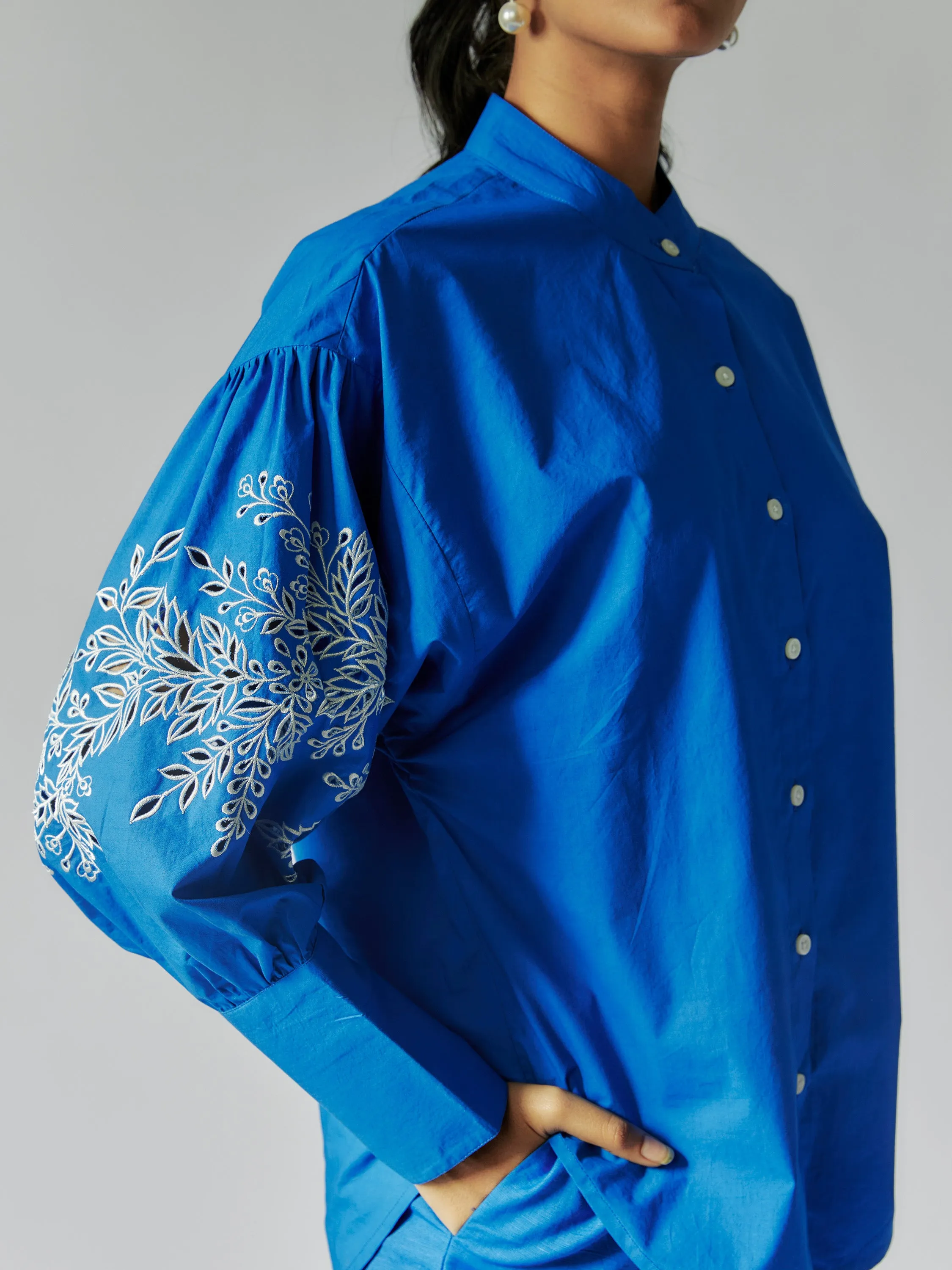 Blue Cotton Linen Embroidered Shirt