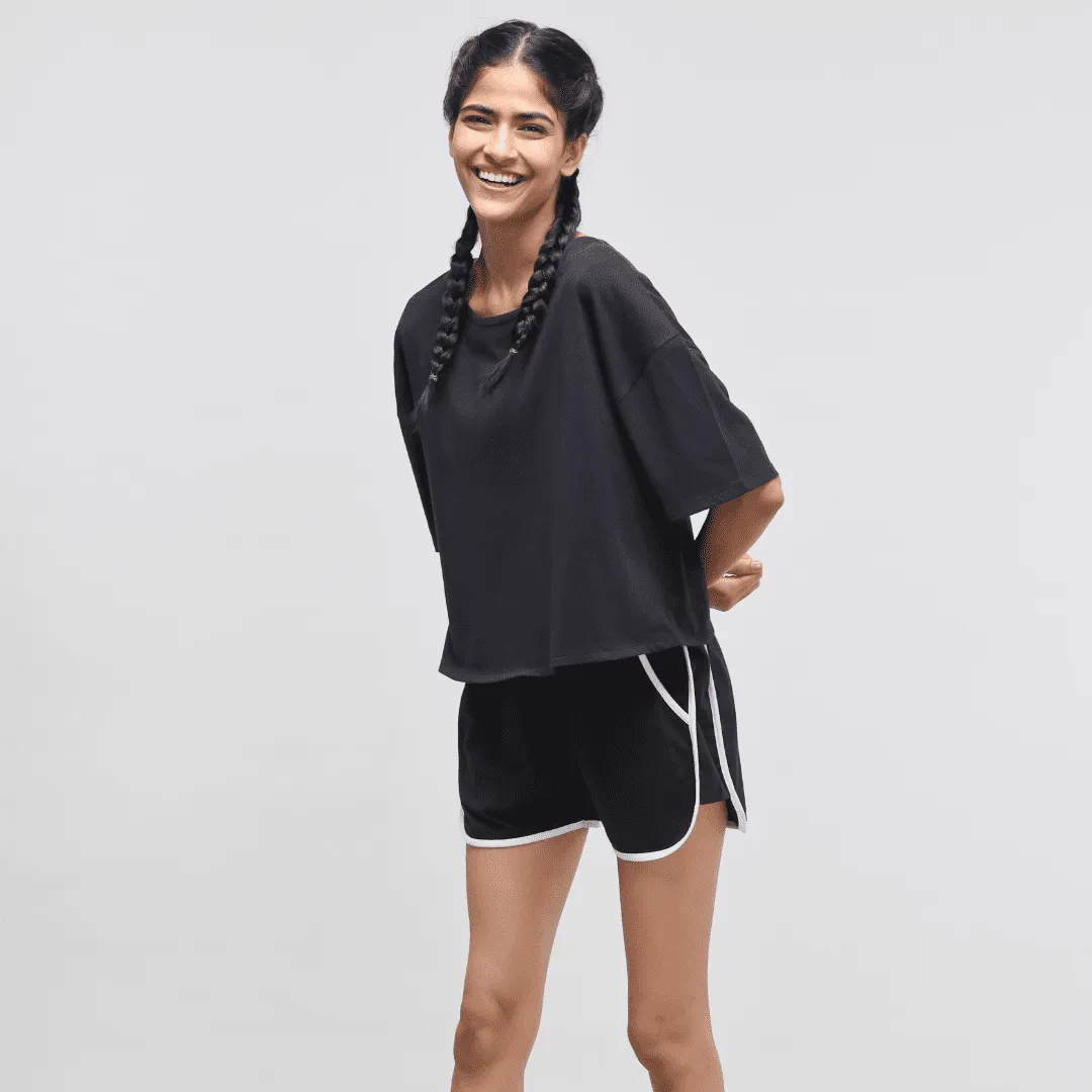 Boxy Black Cotton Shorts Set