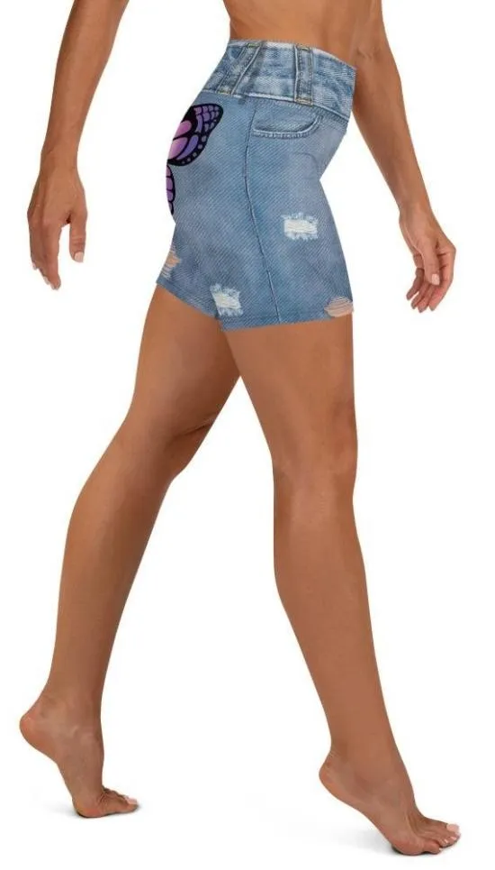 Butterfly Denim Print Yoga Shorts