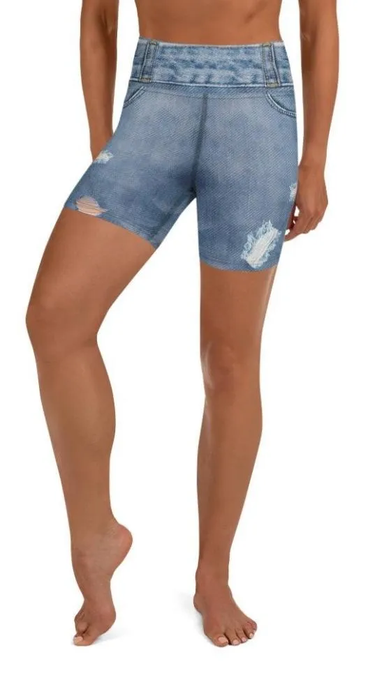 Butterfly Denim Print Yoga Shorts