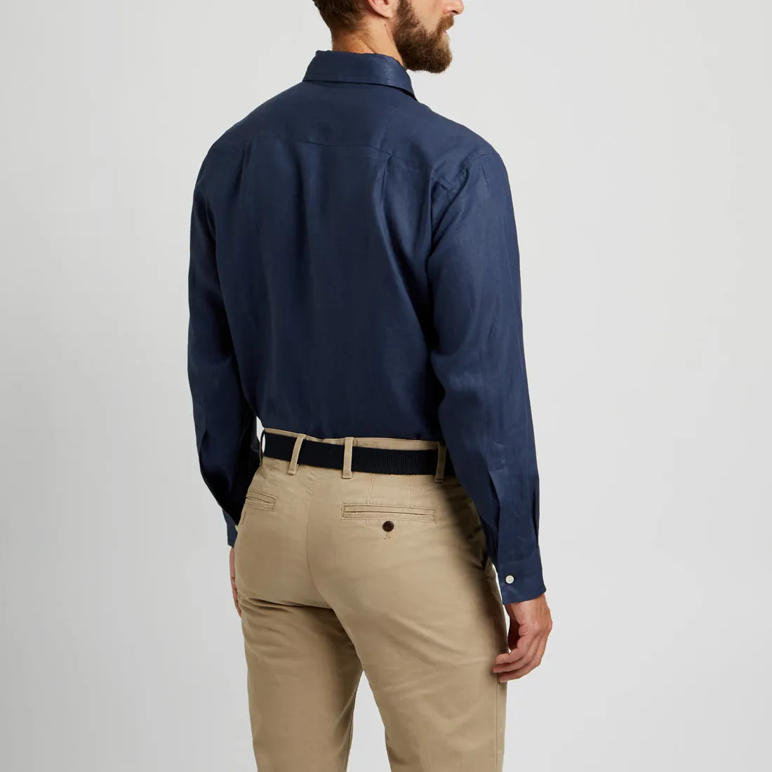 Casual Fit Plain Linen Button Cuff Shirt in Navy