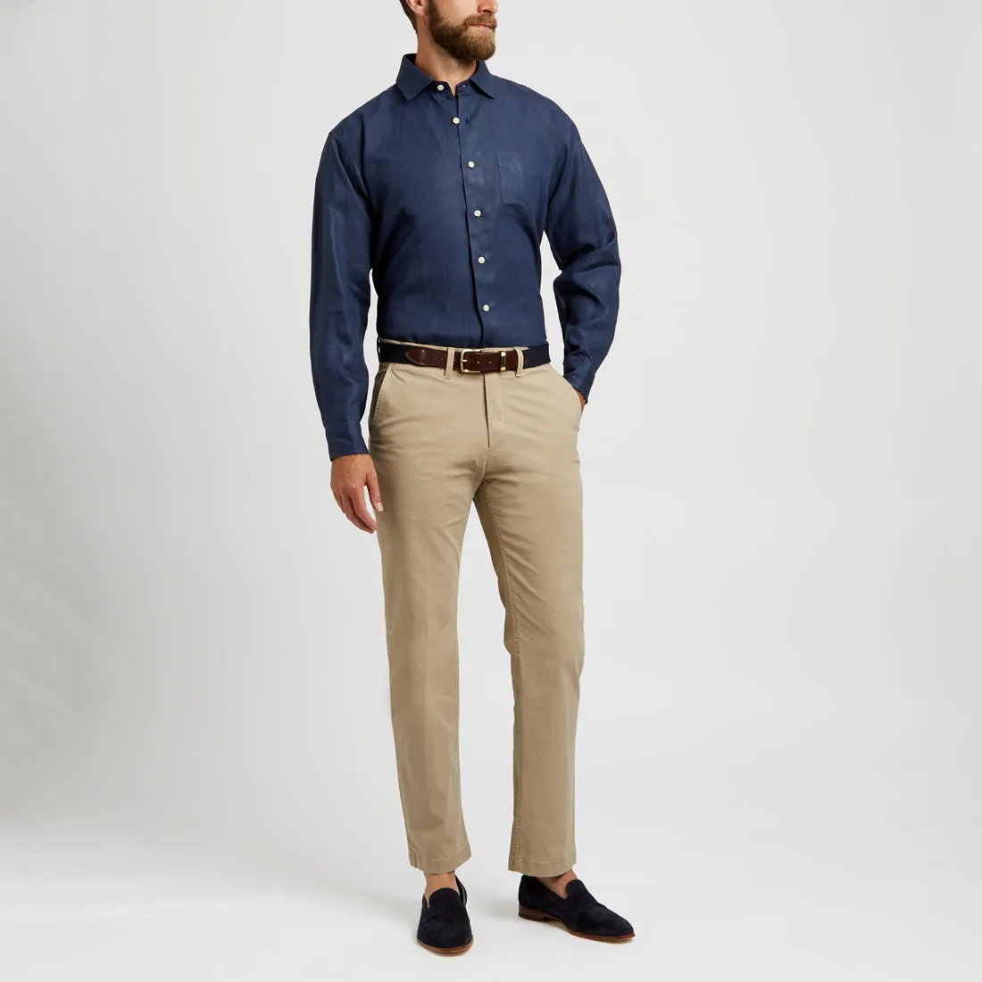 Casual Fit Plain Linen Button Cuff Shirt in Navy