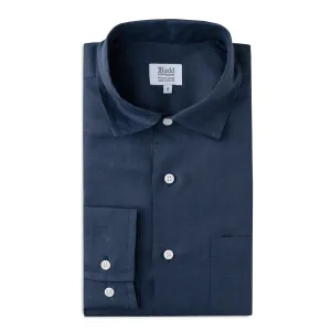 Casual Fit Plain Linen Button Cuff Shirt in Navy