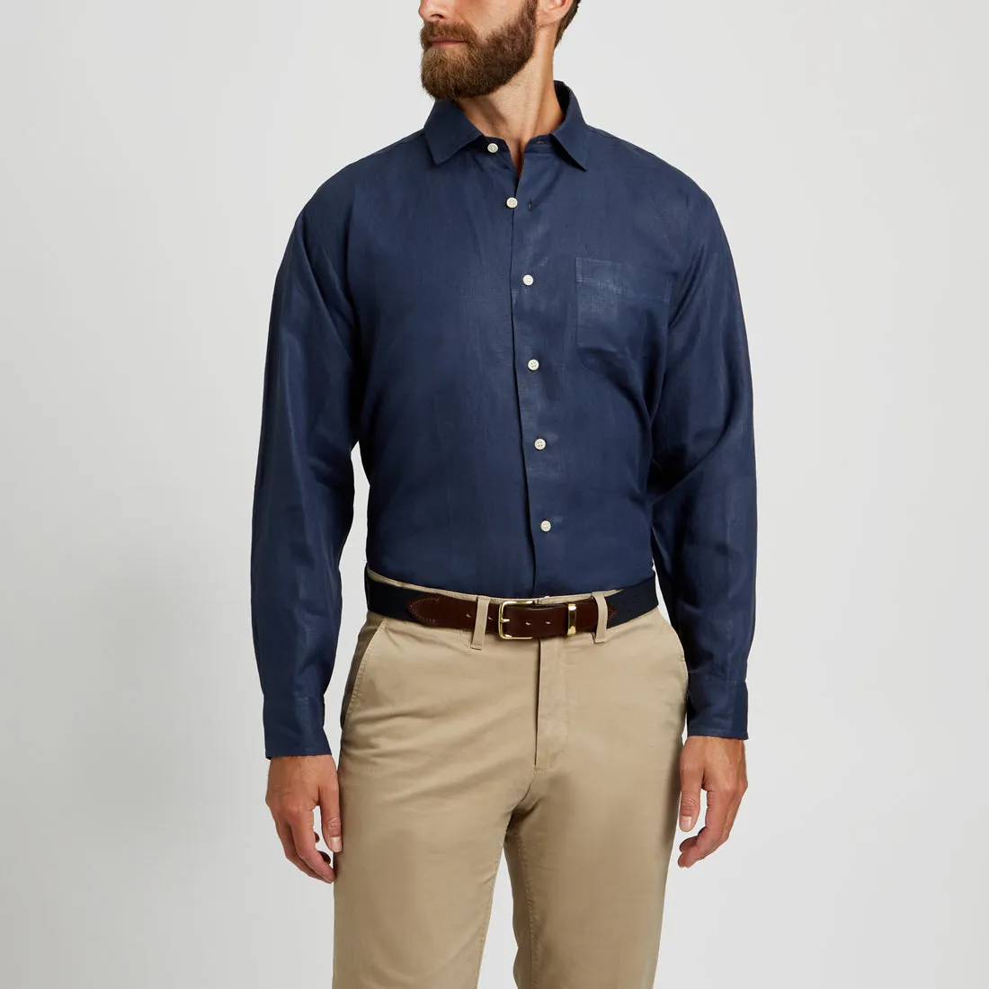 Casual Fit Plain Linen Button Cuff Shirt in Navy