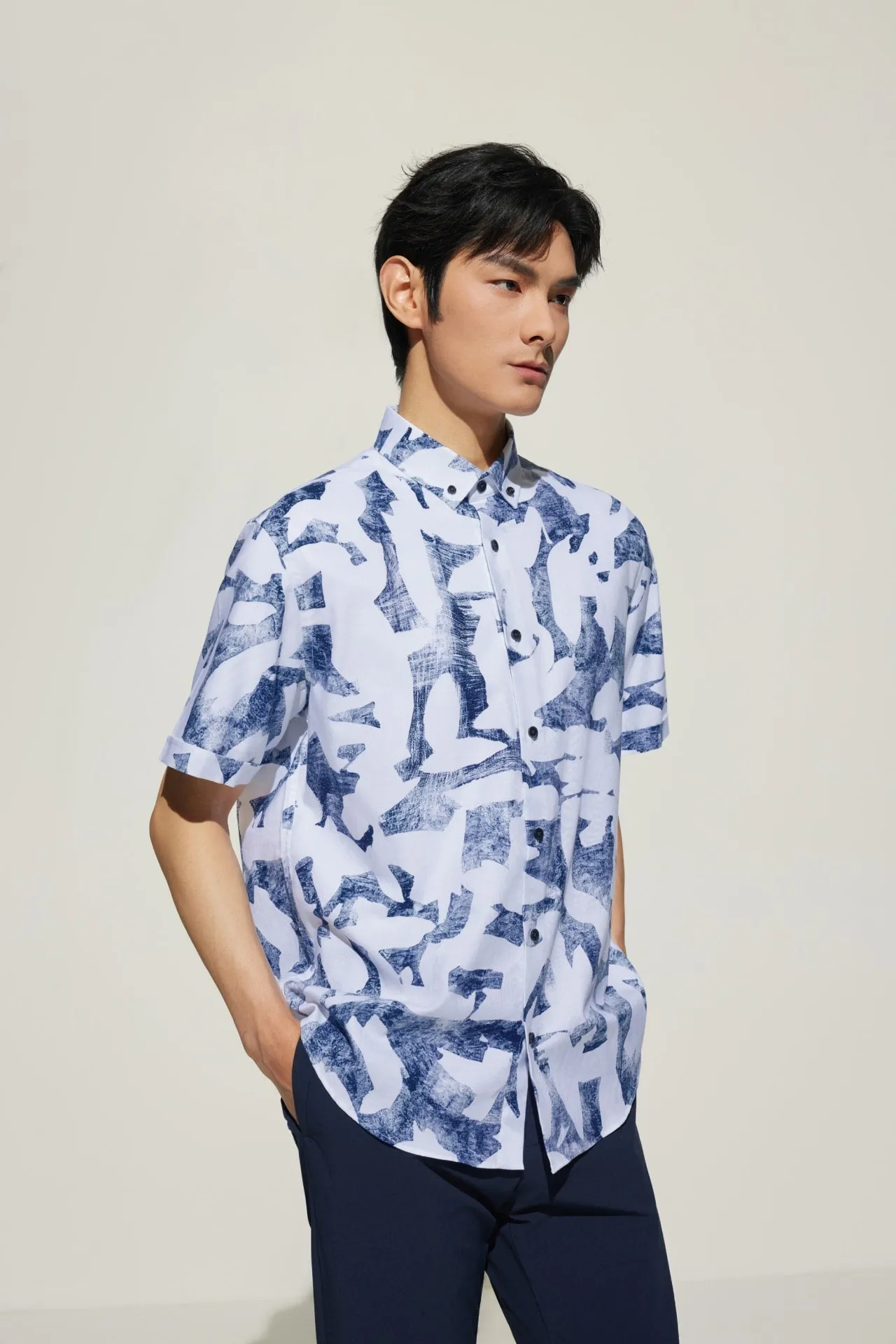 Cotton Oxford Ink Scatter Digital Print Comfort Fit Short Sleeve Casual Shirt