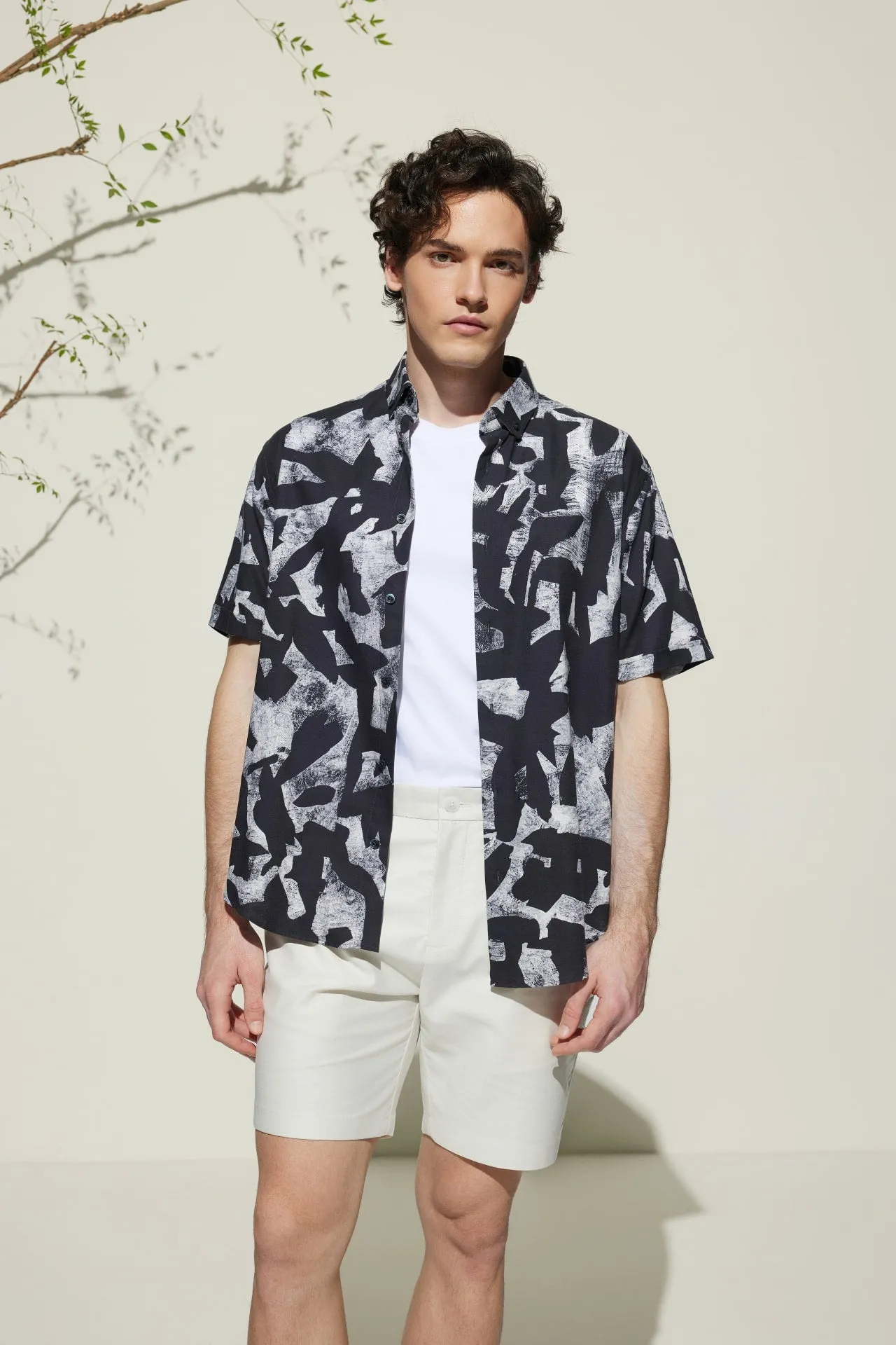 Cotton Oxford Ink Scatter Digital Print Comfort Fit Short Sleeve Casual Shirt