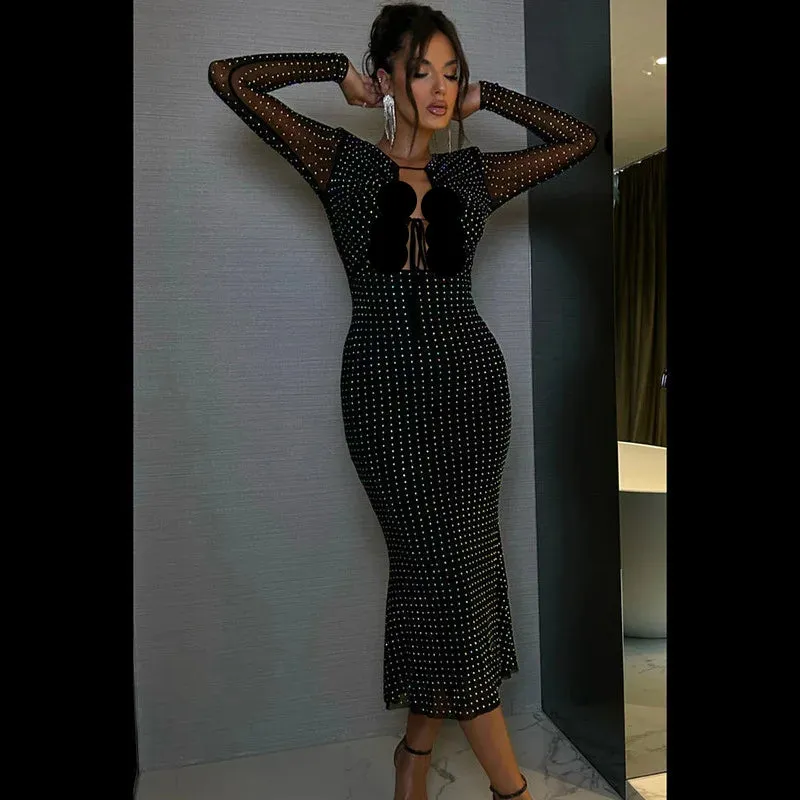 Deep-neck Long Sleeve Dress