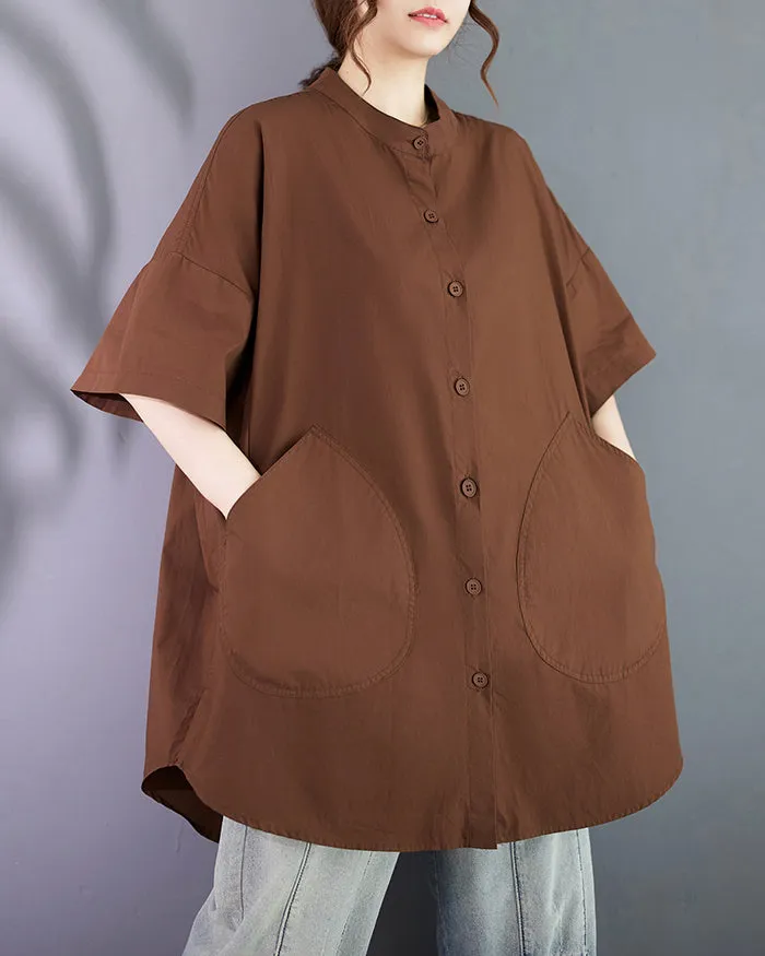 ellazhu Women's Shirt Lapel Button Down Half Sleeve Two Side Pockets Split Hem Solid Loose Oversize GA2761