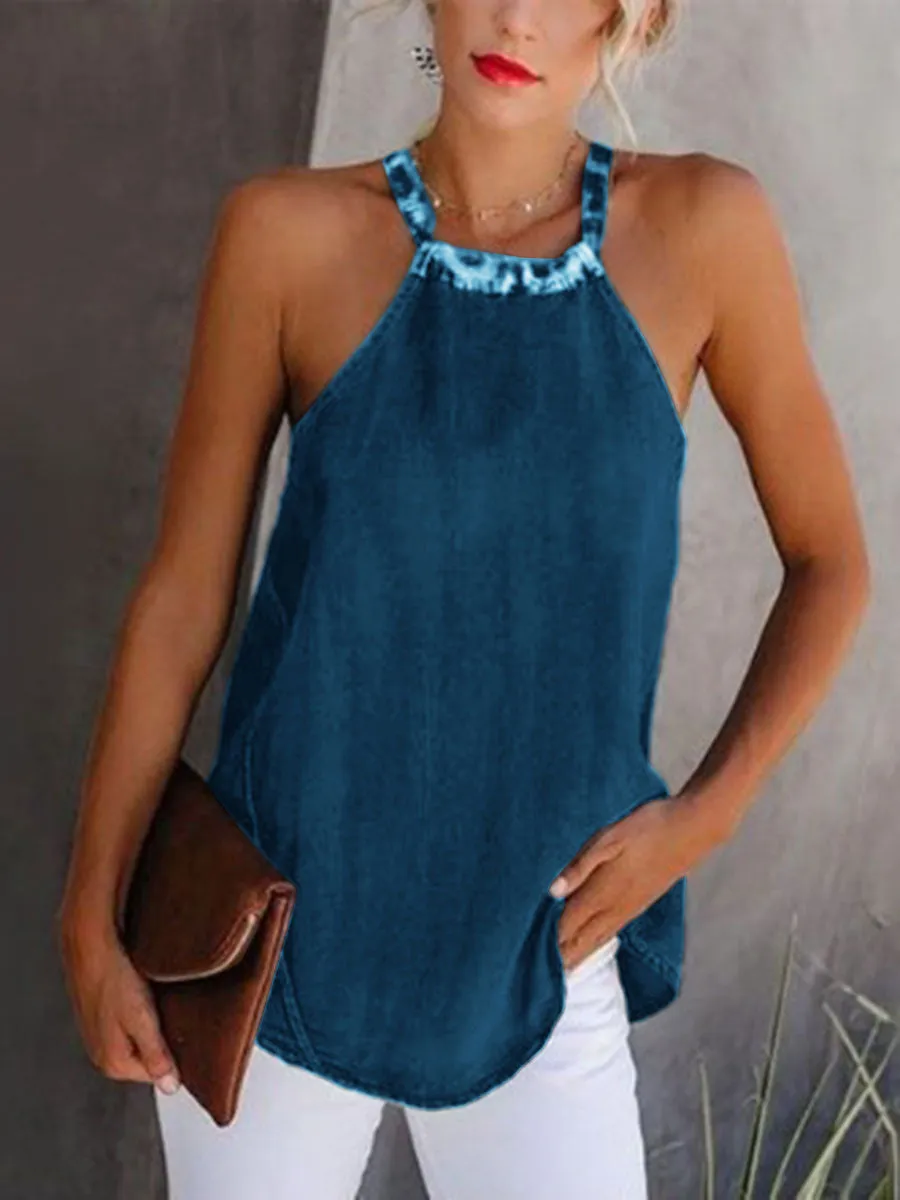 Fashionable Leopard Halter Solid Color Top
