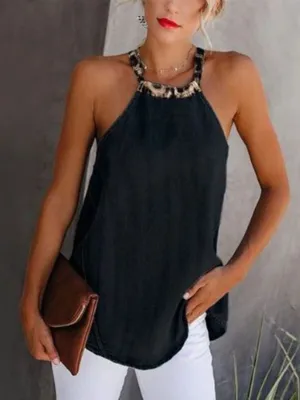 Fashionable Leopard Halter Solid Color Top