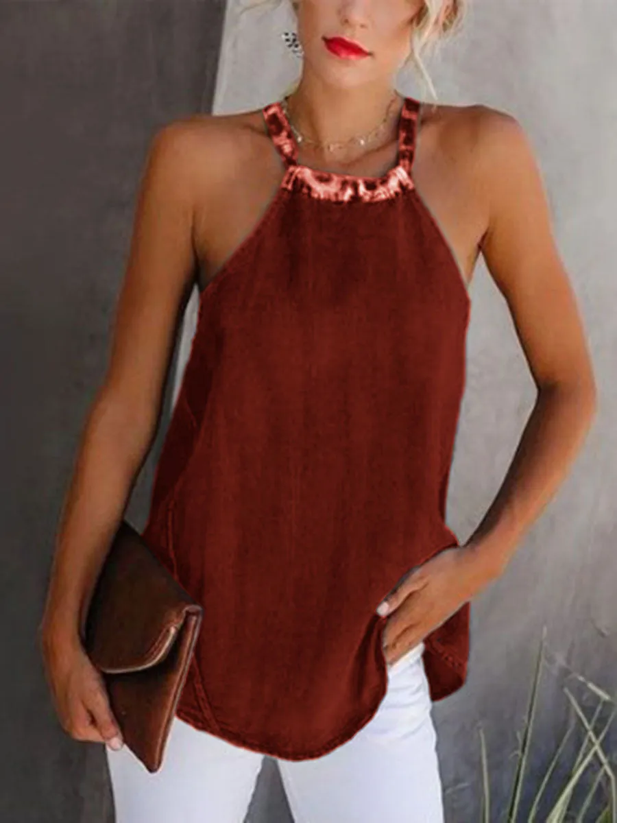 Fashionable Leopard Halter Solid Color Top